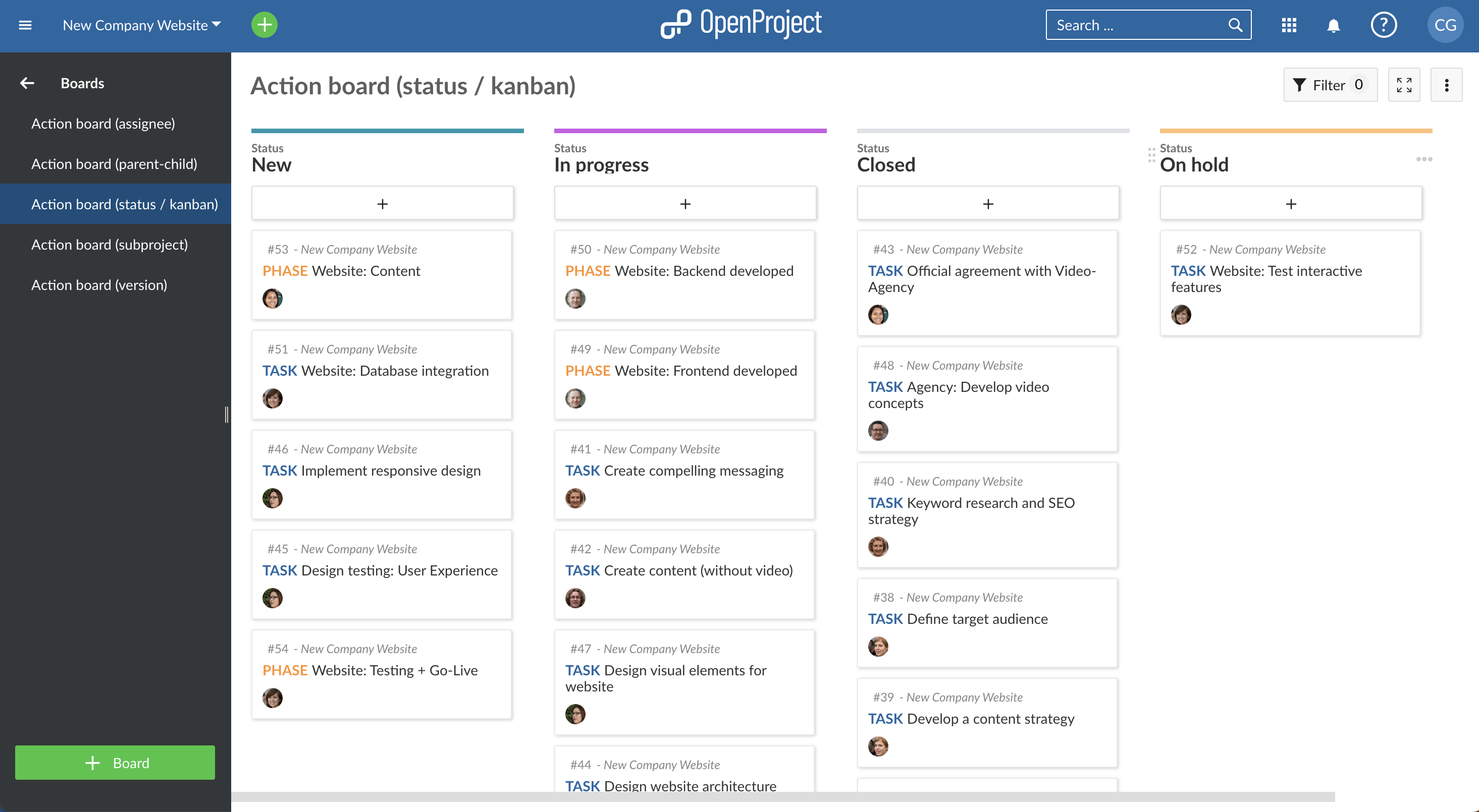 Agiles Aktions-Board vom Typ Status