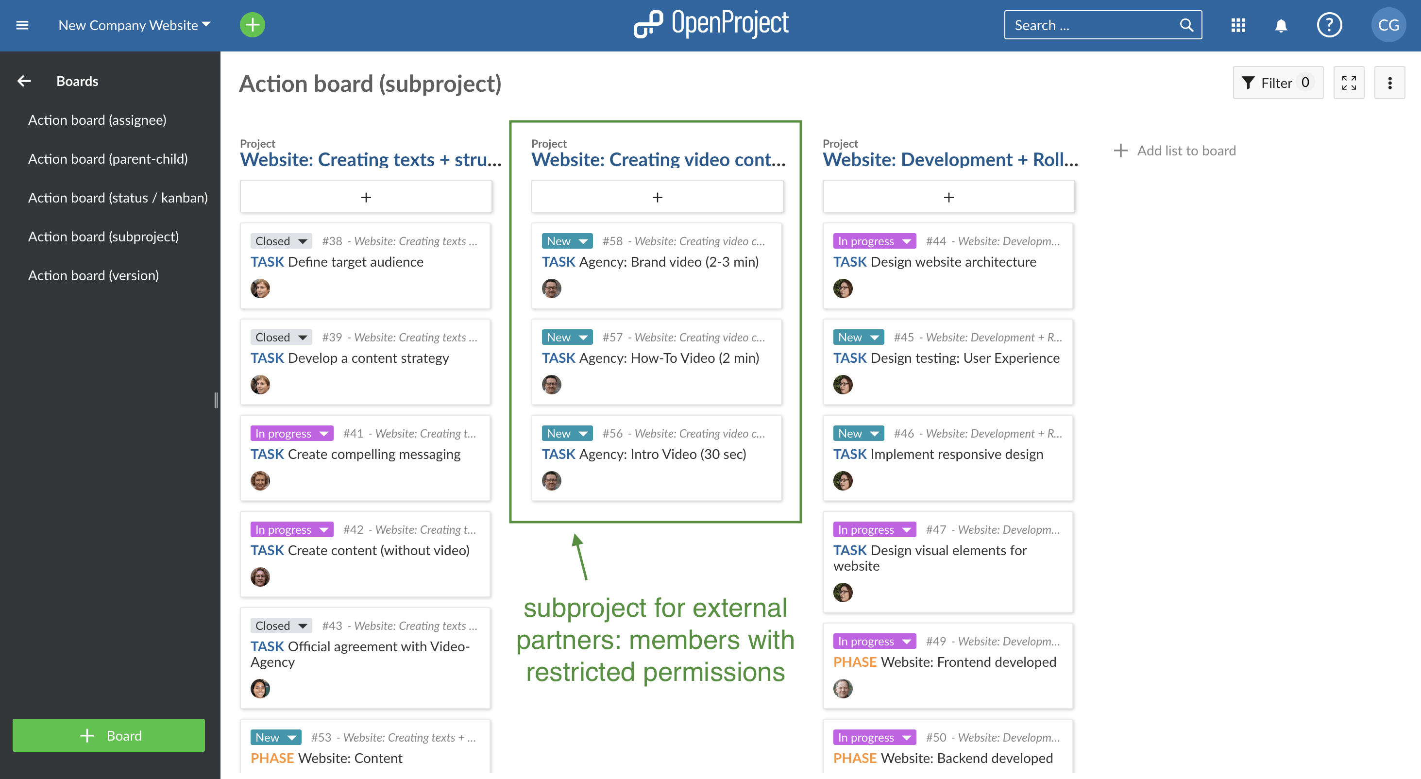 Agile Action Board of type Subproject