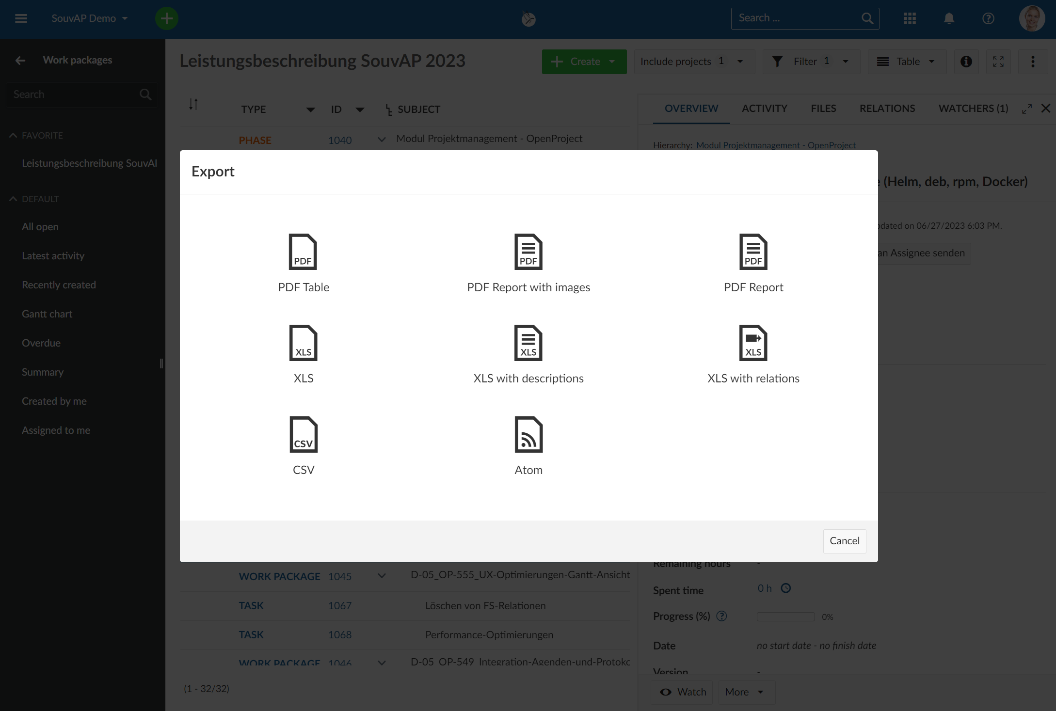 Work packages PDF export modal in OpenProject