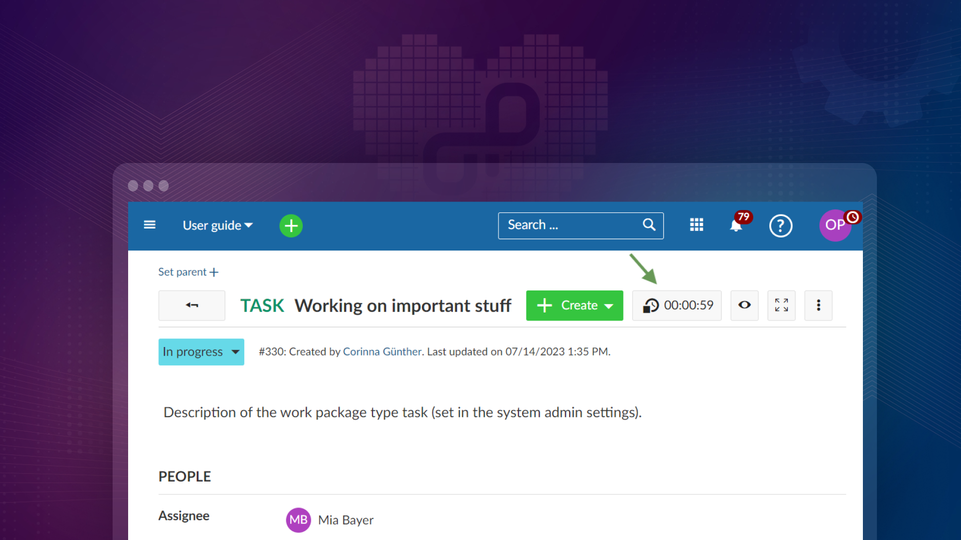 Preview on feature with time tracking button Preview OpenProject 13.0: A time tracking button to track your time