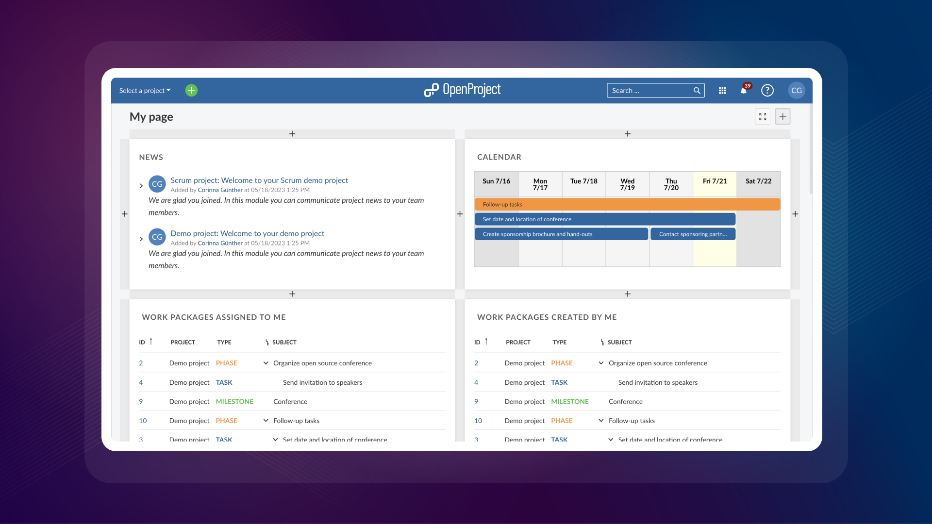 Dashboards in OpenProject: My page OpenProject offers different dashboards, for example the My page