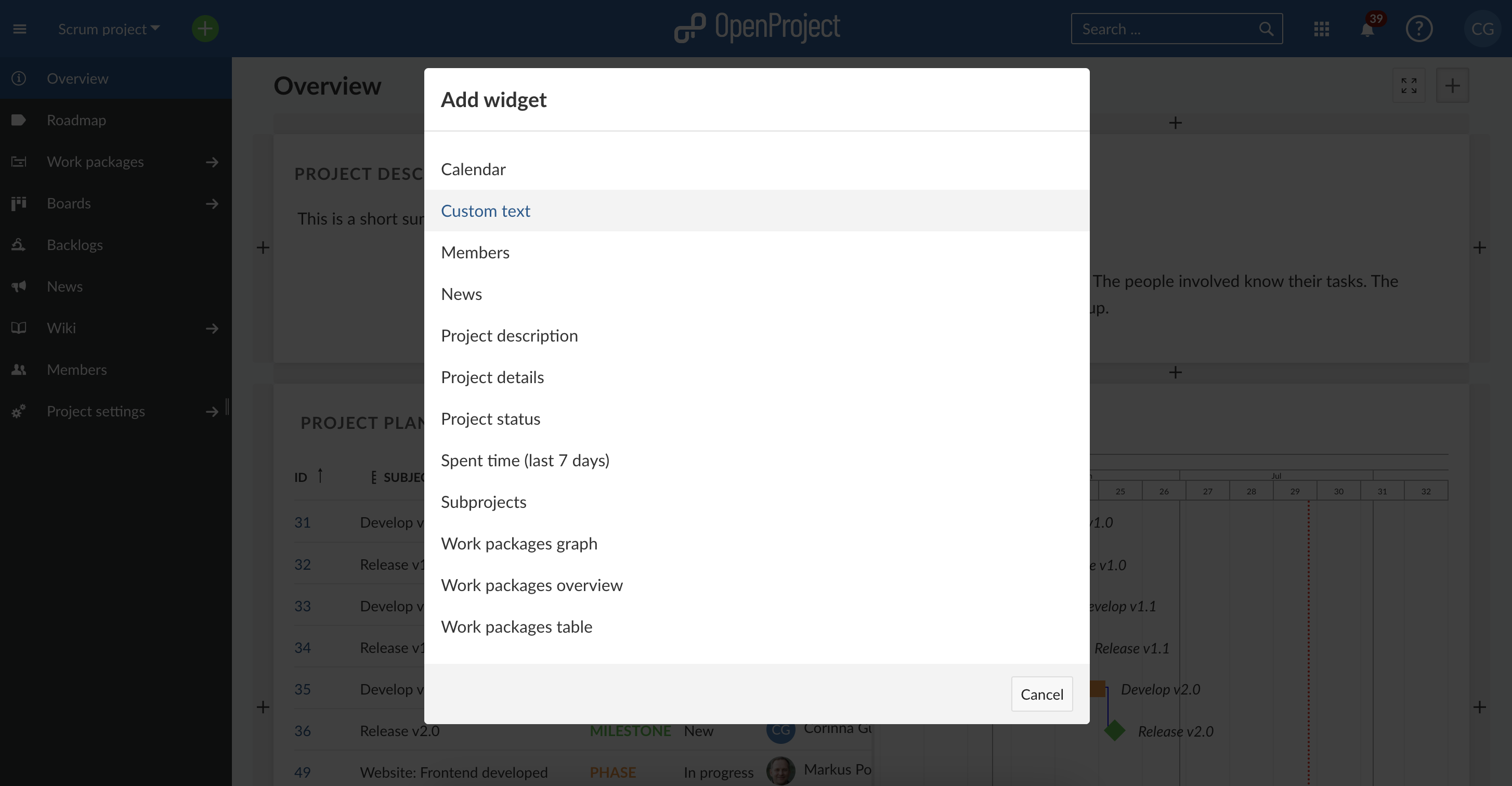 Screenshot: Your options as system admin for customizing the project overview in OpenProject