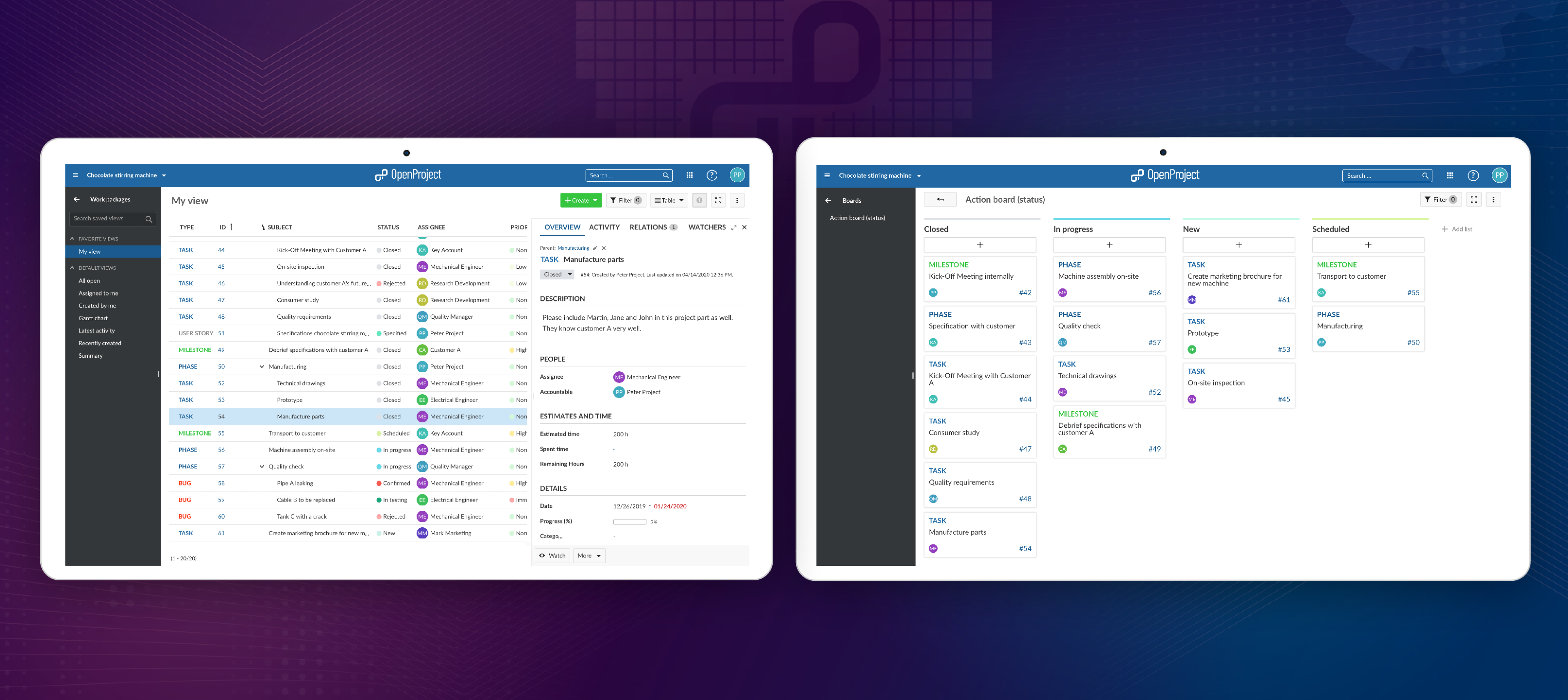 OpenProject: Example of a work package table view and a boards view for projects in the engineering industry