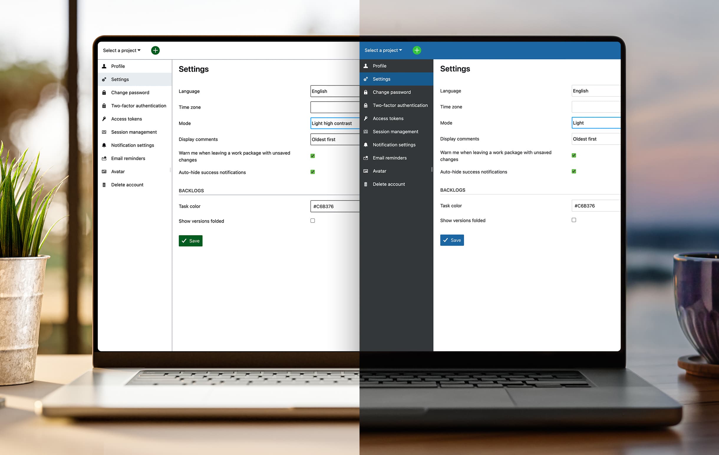 Comparison between the standard light mode and the new high contrast mode