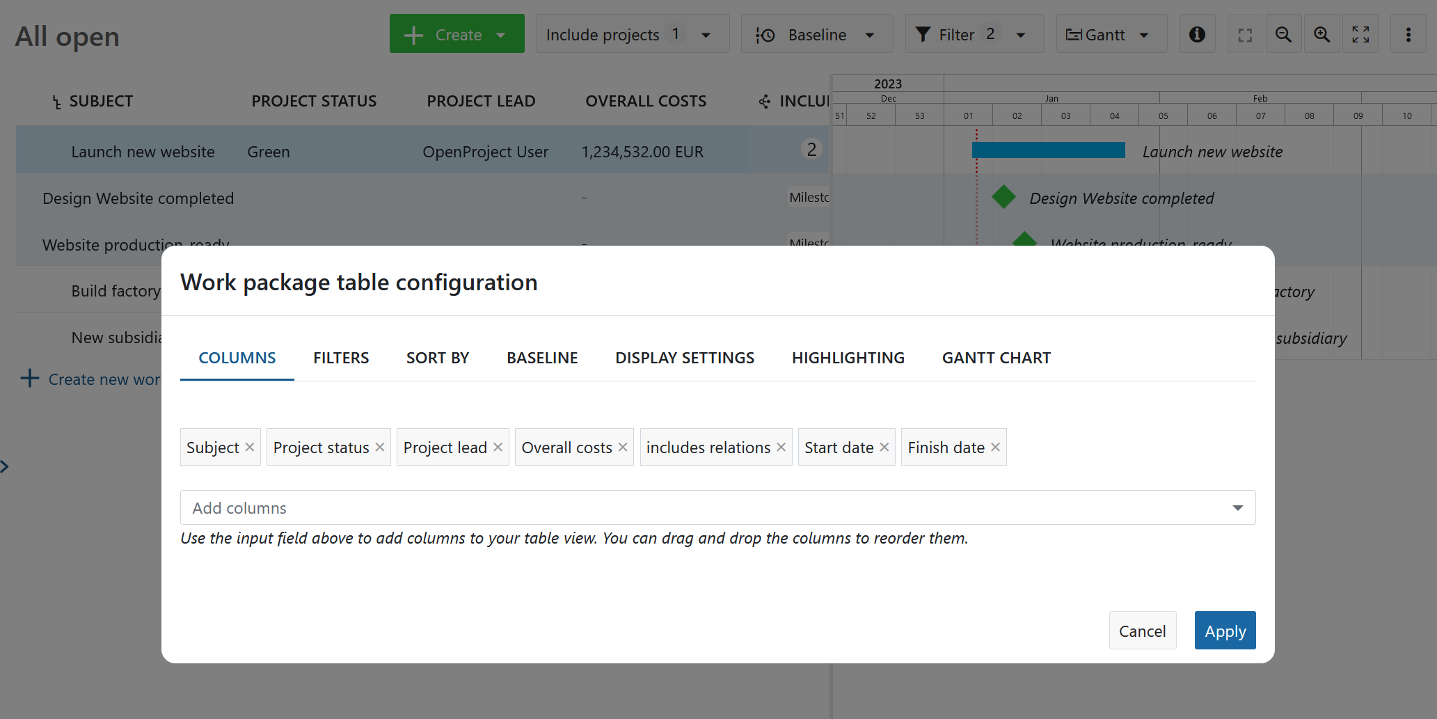 Work package columns