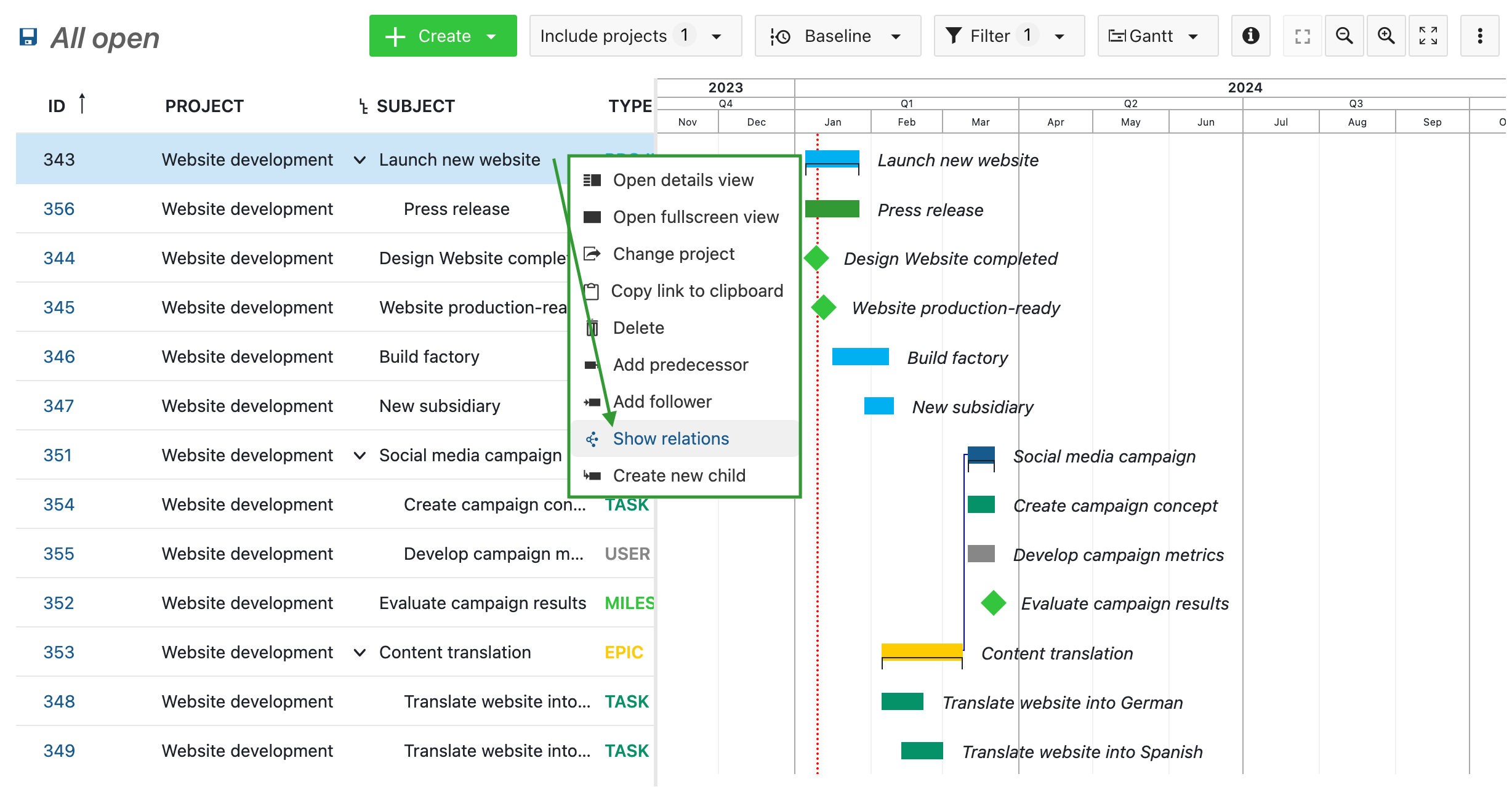 Quick context menu for Gantt view