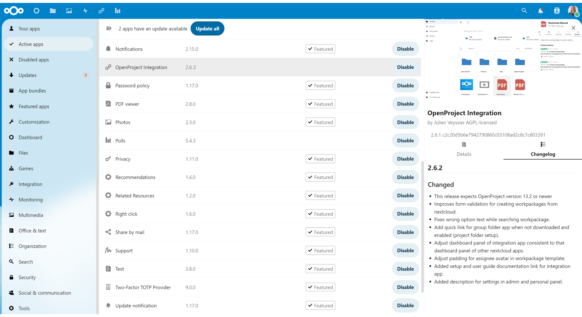 OpenProject integration app released in version 2.6.2