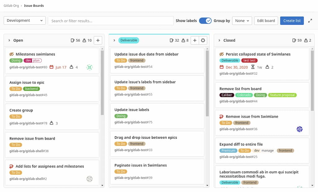 Capture d’écran GitLab issue board