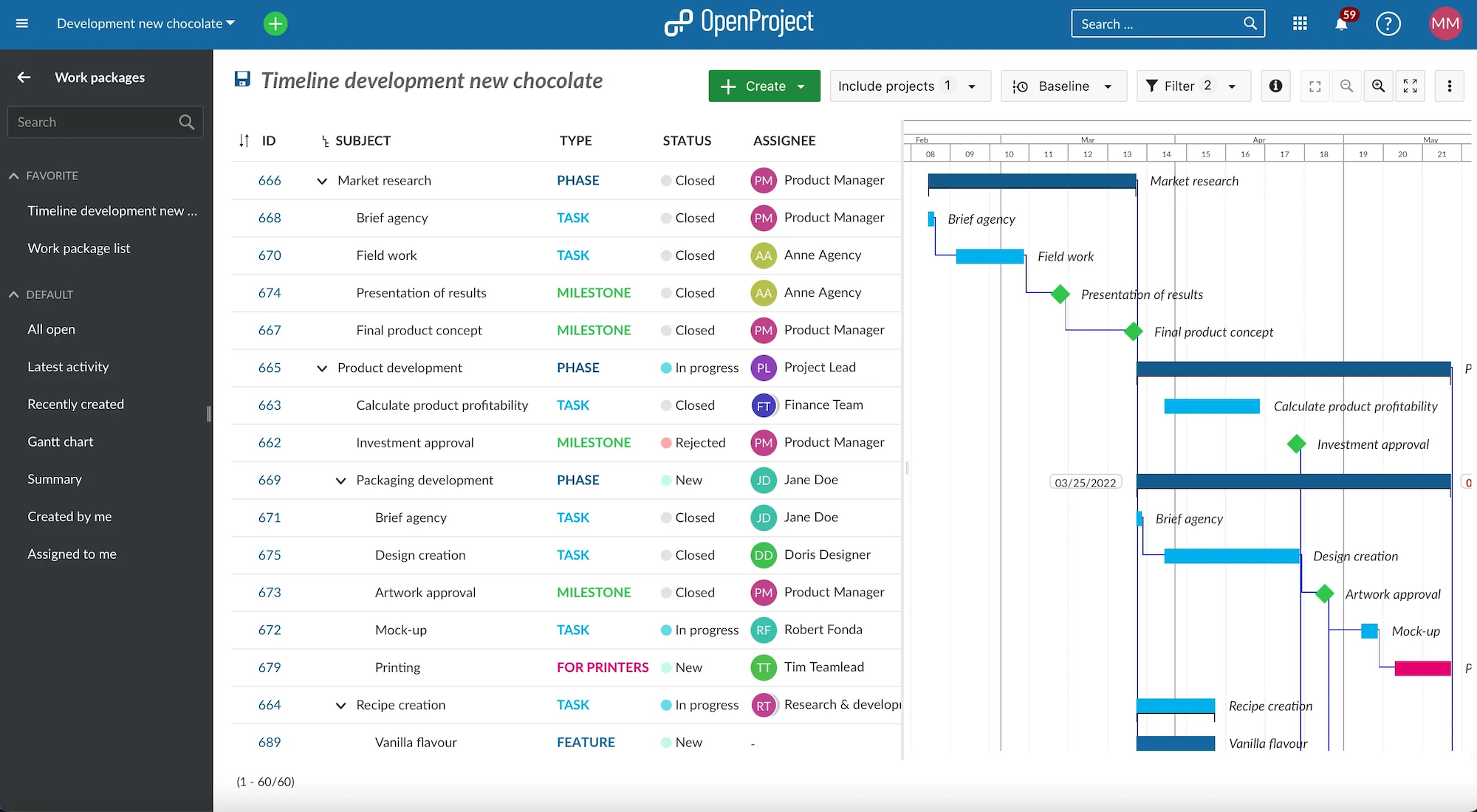 screenshot OpenProject work package table with Gantt chart