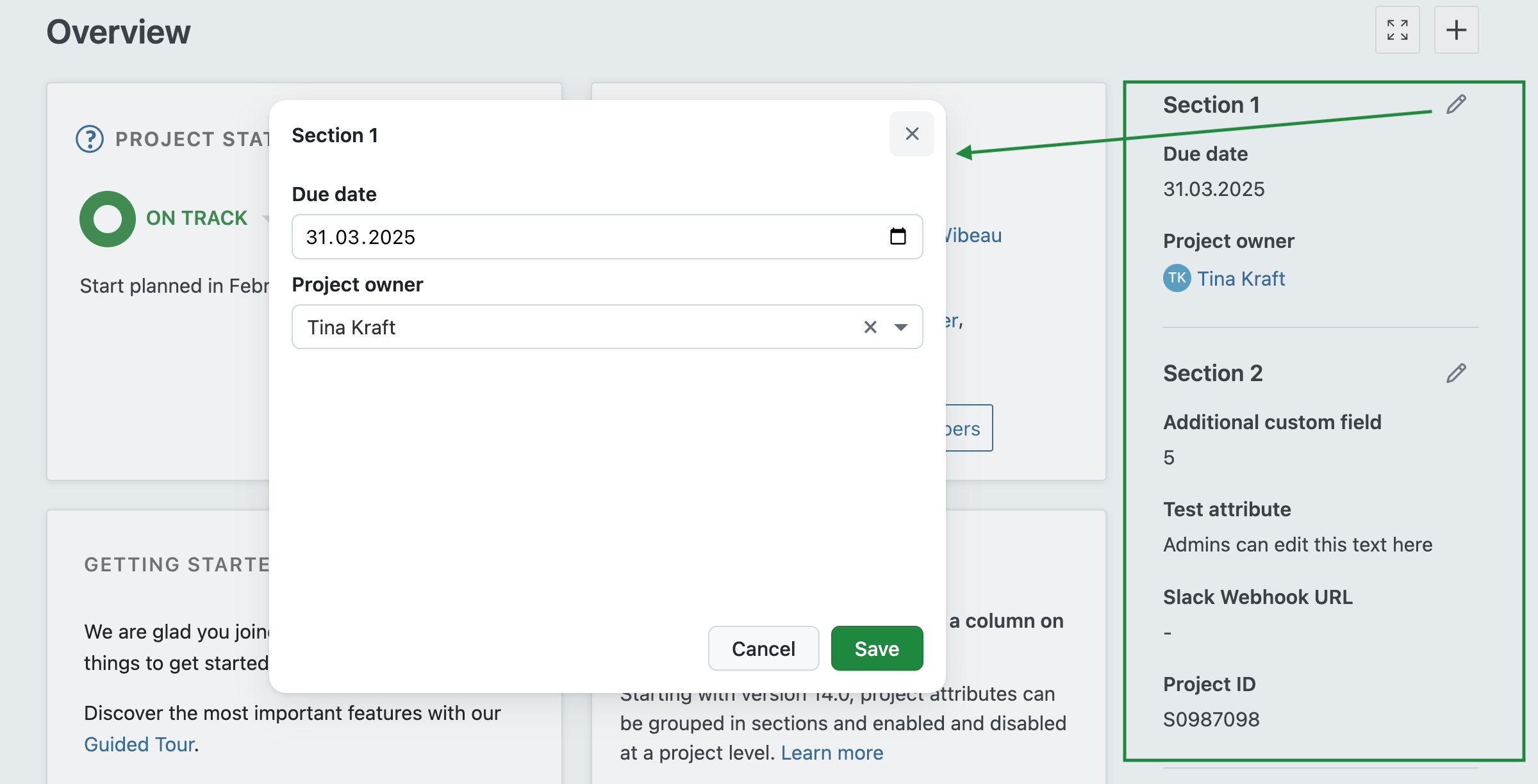 Project attributes shown on project overview page, divided in sections