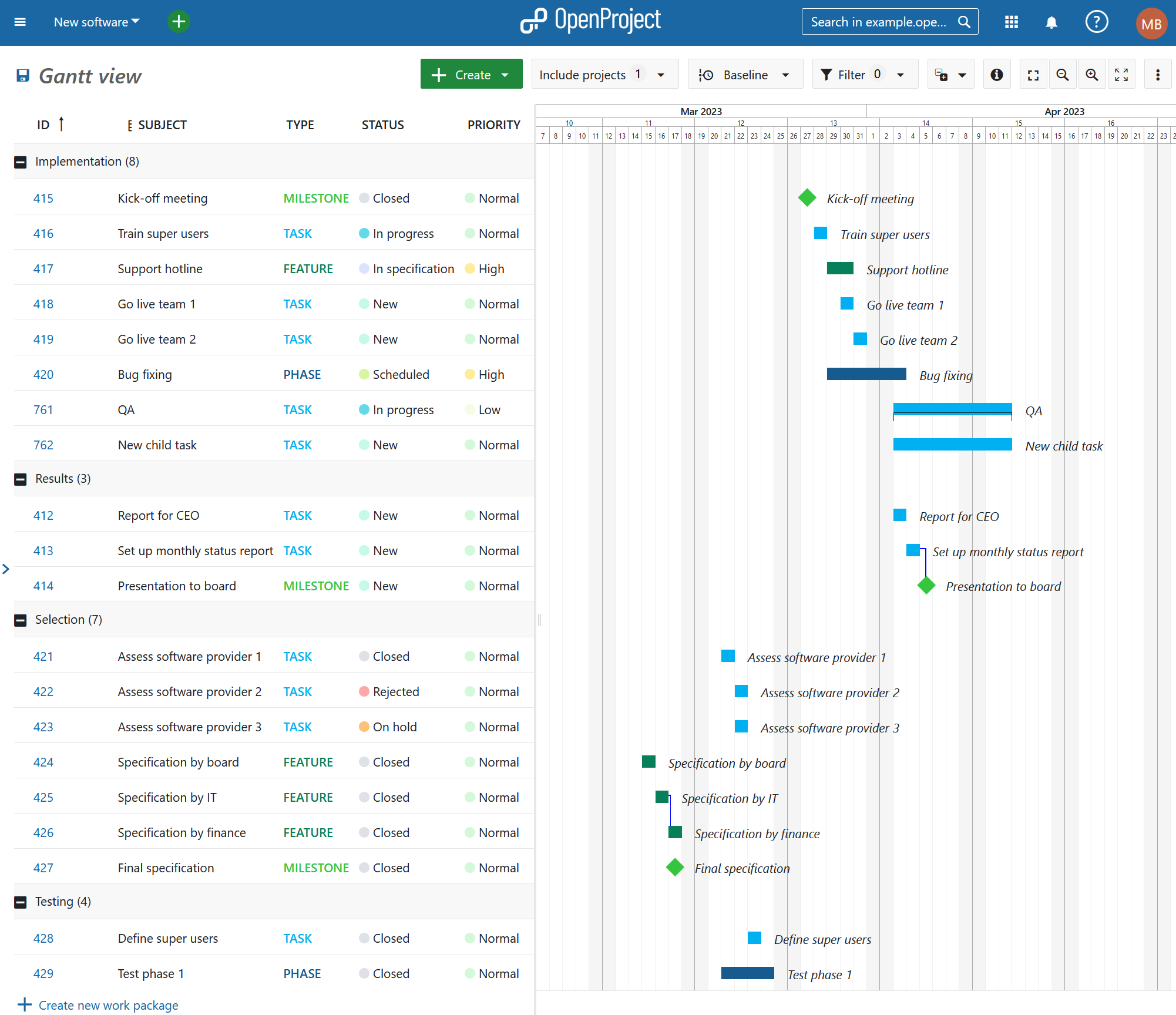 Conception du diagramme de Gantt sur OpenProject