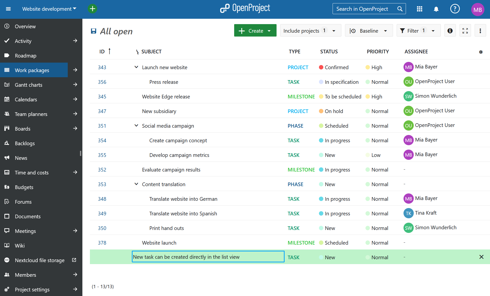 Vue en liste des tickets OpenProject