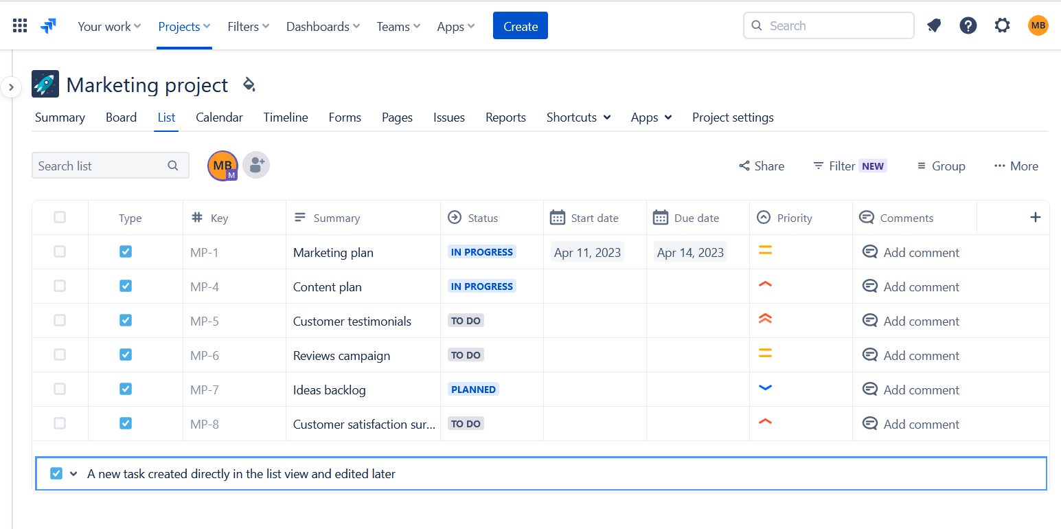 Vue en liste des tickets Jira