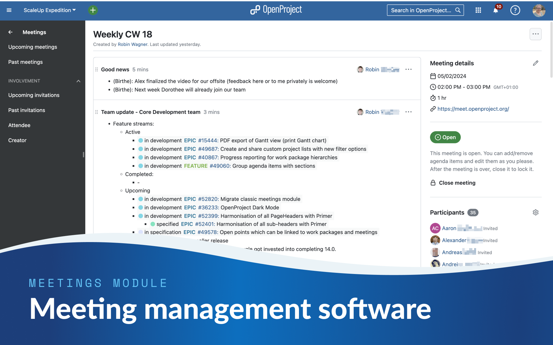 Screenshot: Meeting management with OpenProject Screenshot: Meeting management with OpenProject