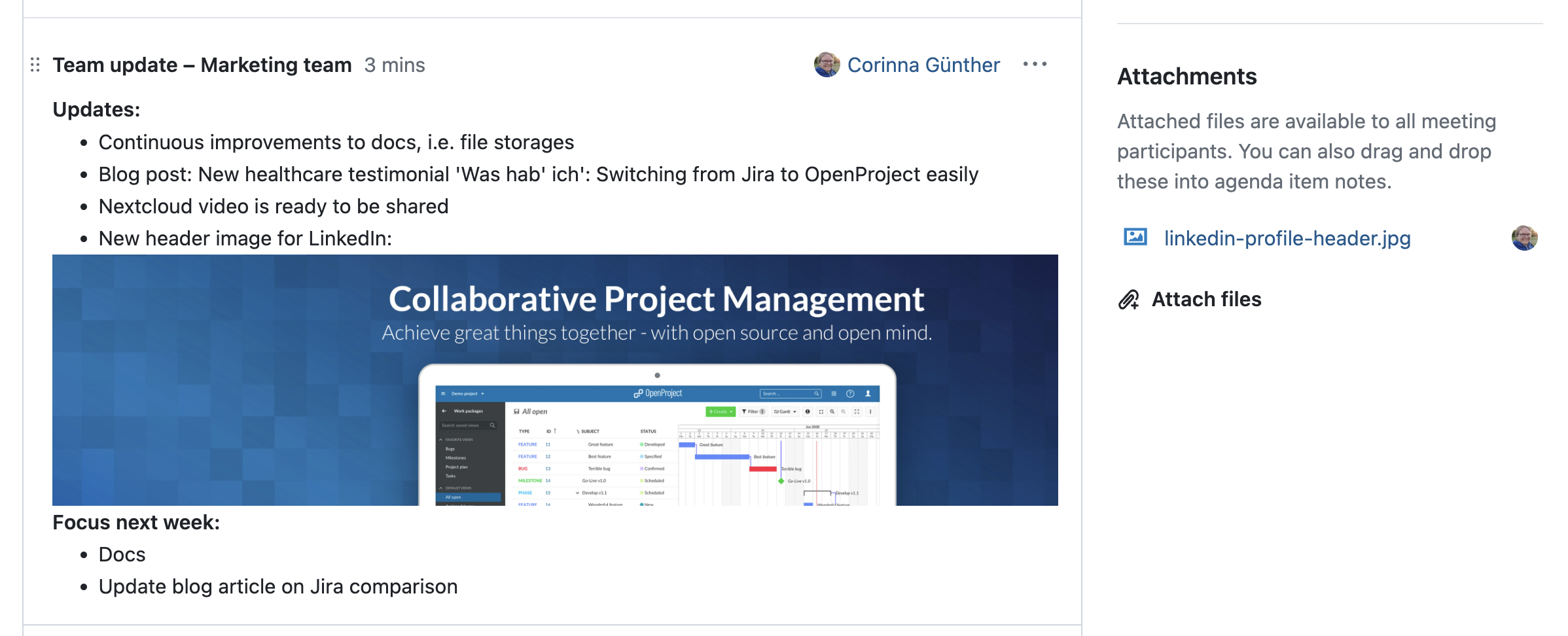 Example screenshot of an image attached to a meeting in OpenProject
