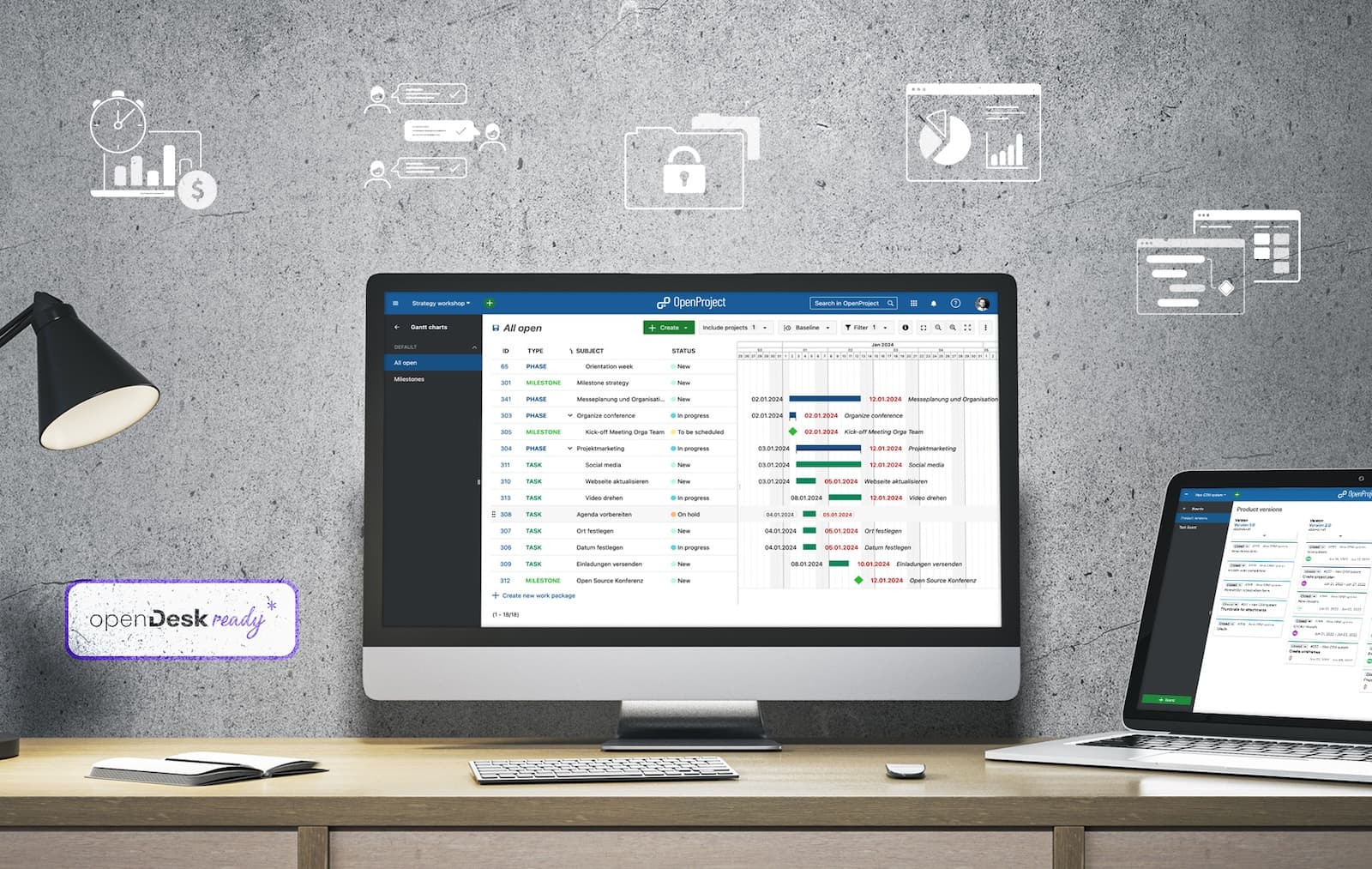 OpenProject on laptop, icons for different work areas and an icon saying 'openDesk ready'