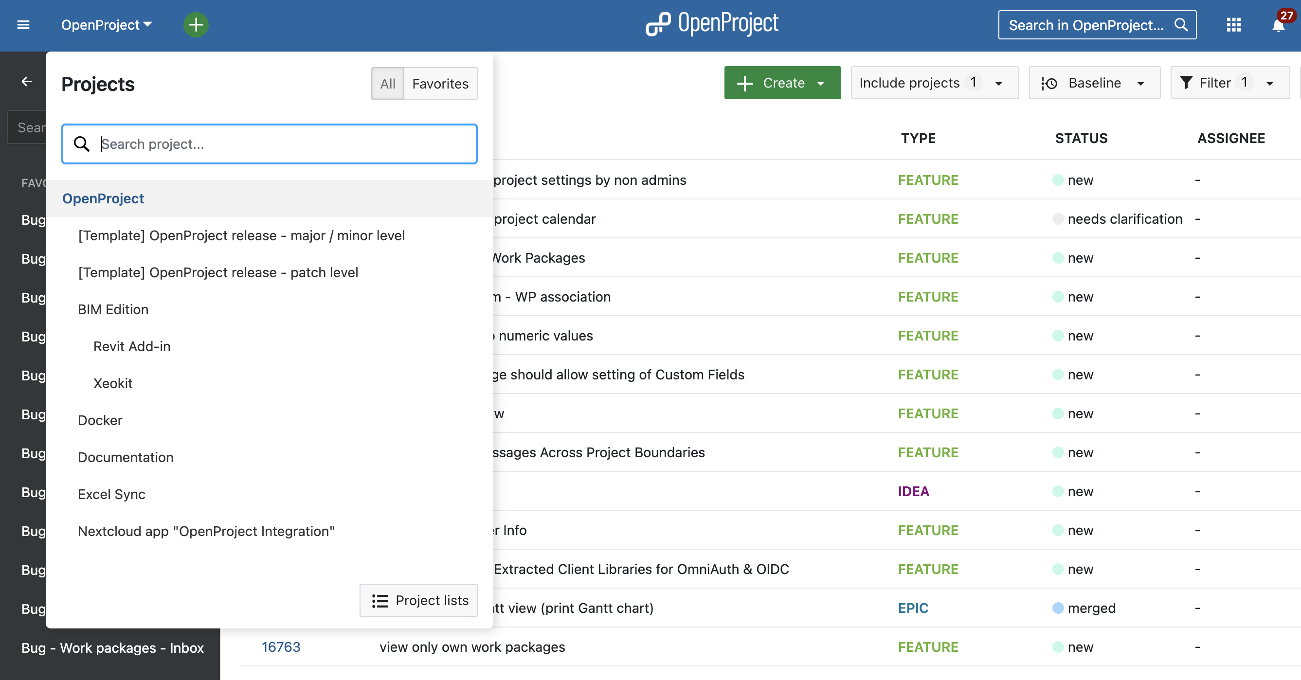 The OpenProject project on the Community instance, showing different subprojects