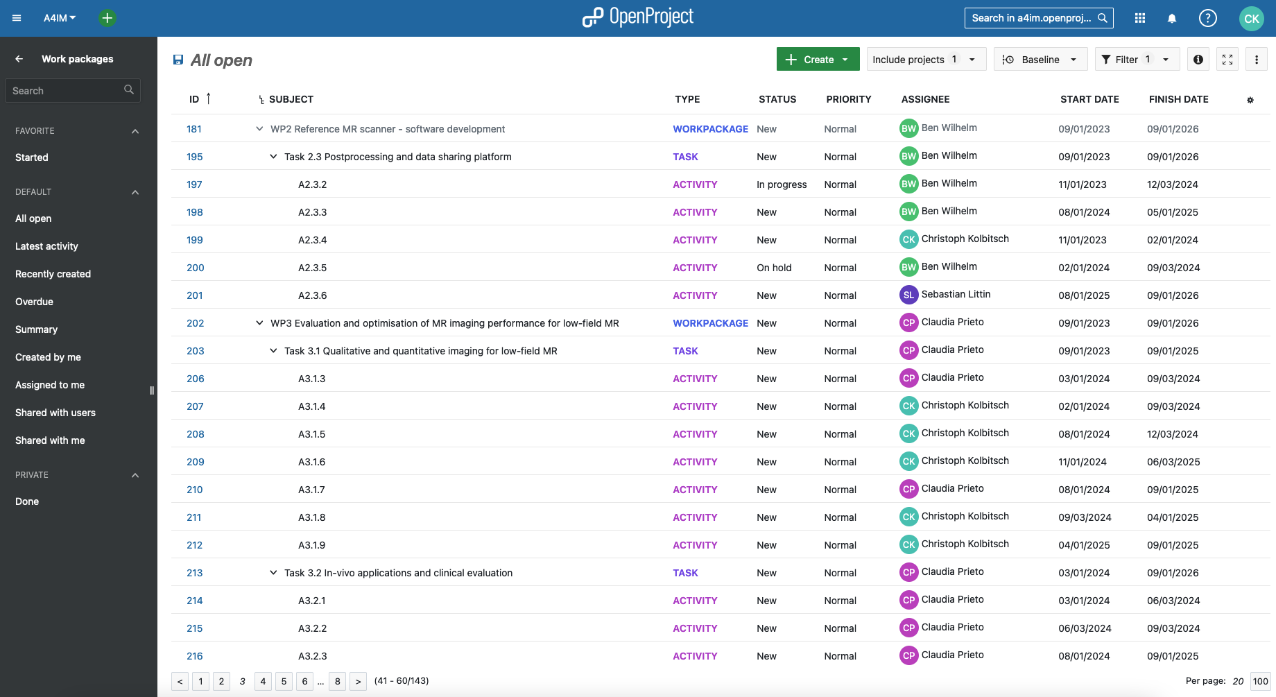 Screenshot einer Arbeitspaket-Tabelle im MRT-Scanner-Projekt