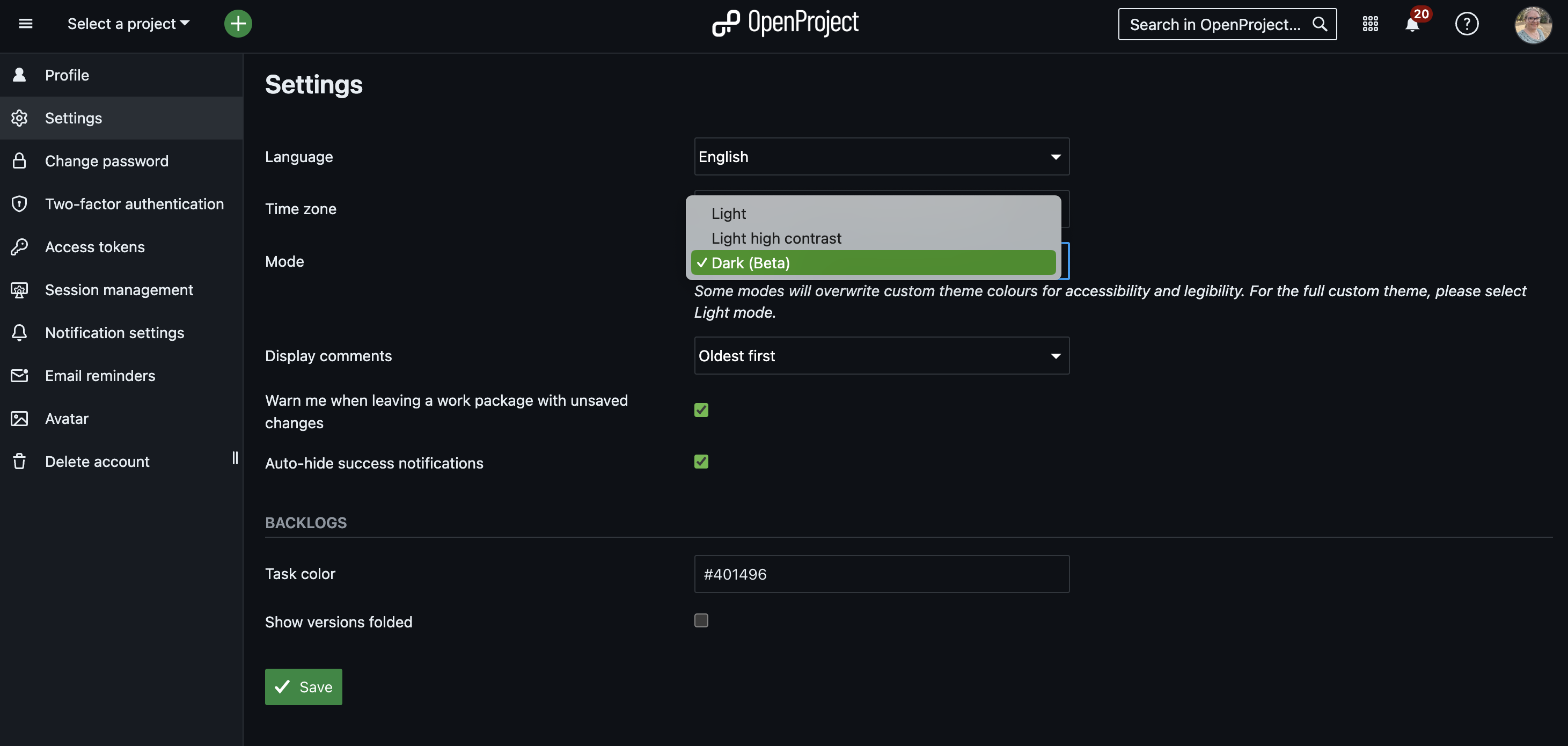 Nachrichteneinstellung für den dunklen Modus in OpenProject, angezeigt im dunklen Modus