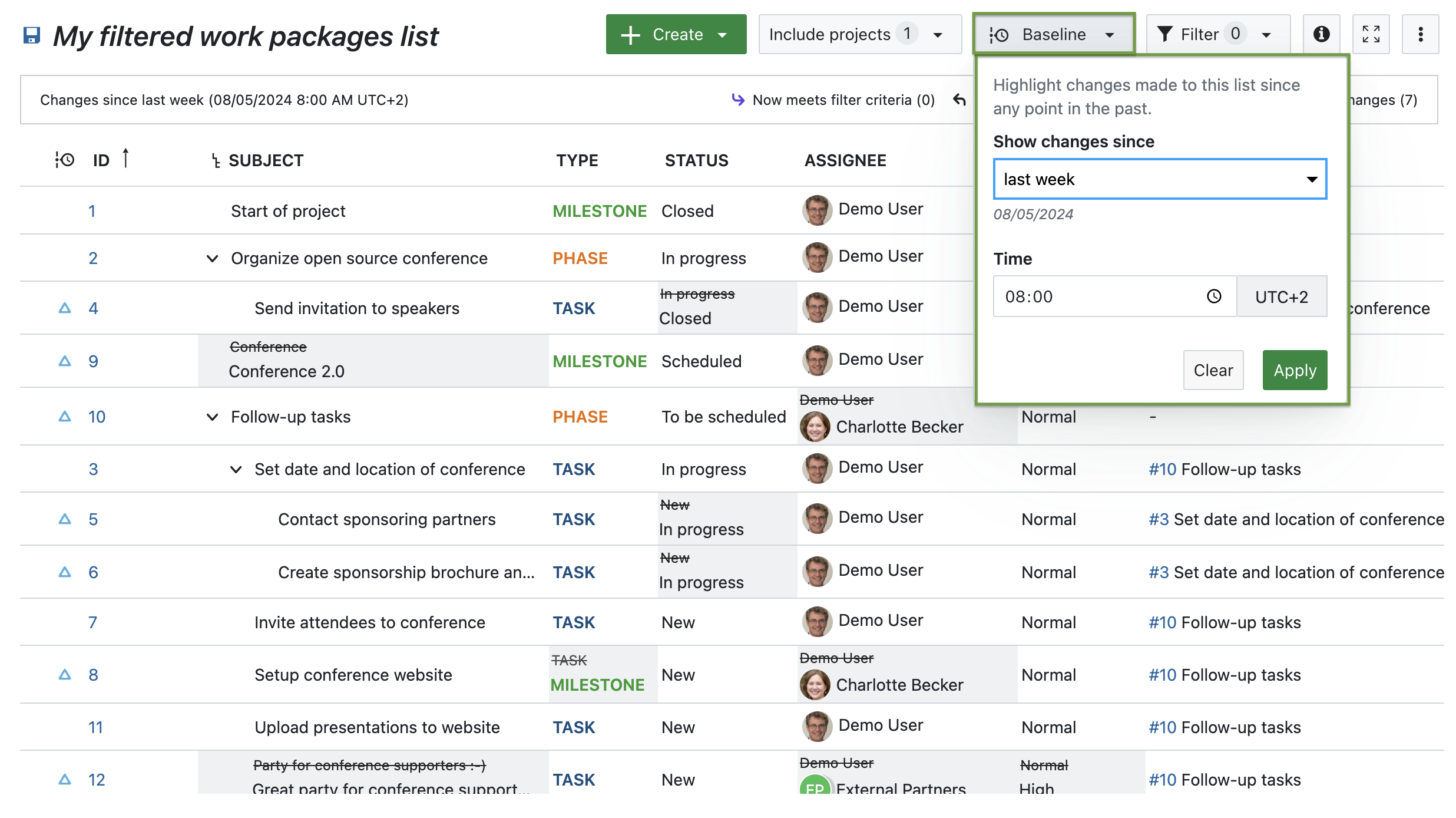 OpenProject’s Baseline feature with highlighted dropdown menu for selecting the time range