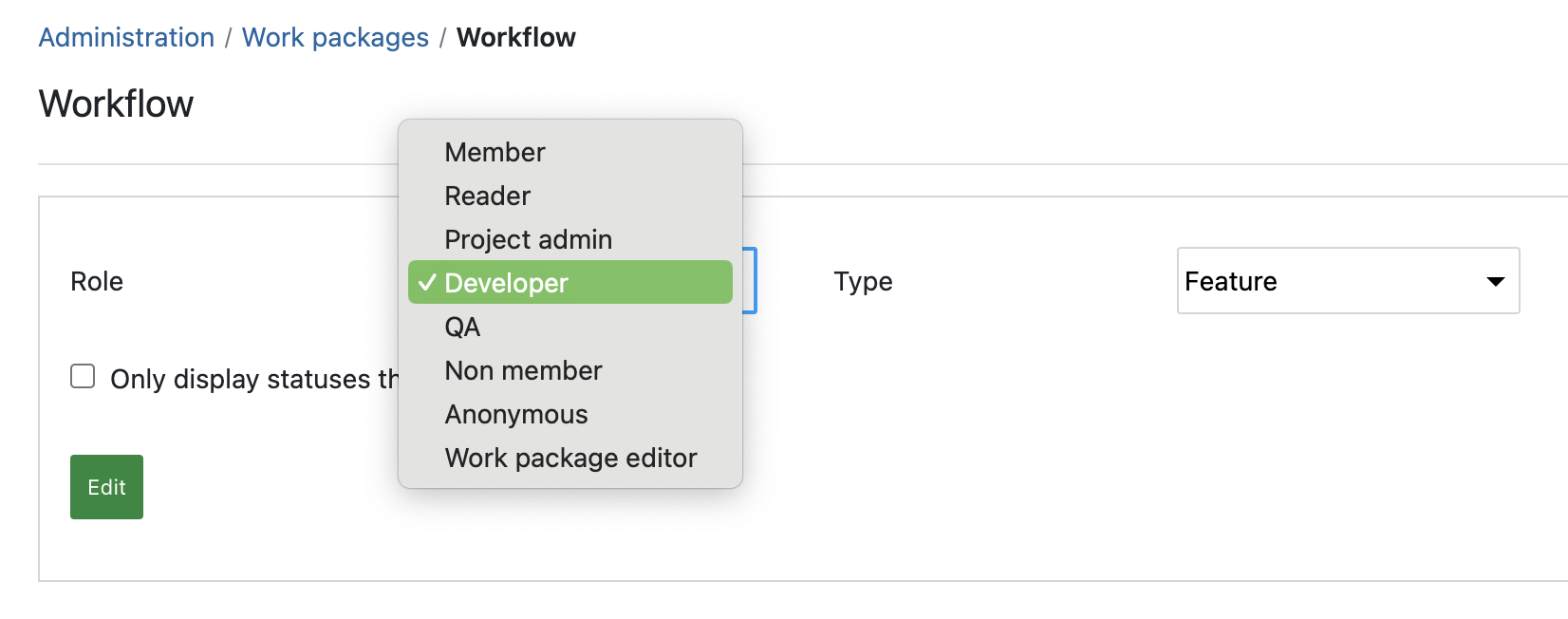 Screenshot, der zeigt, wie Sie einen Workflow für eine bestimmte Rolle in OpenProject erstellen