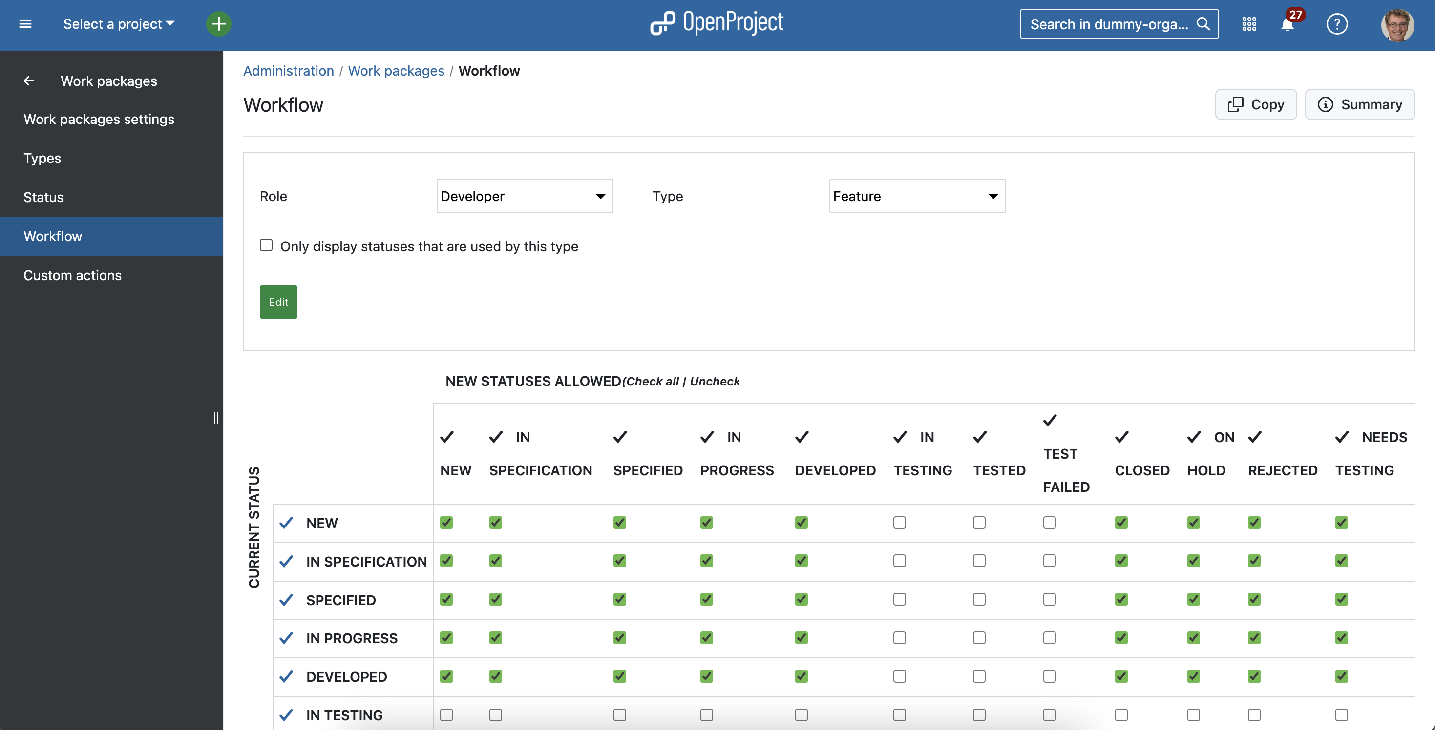 Screenshot zeigt eine Tabelle mit markierten und nicht markierten Feldern, die einen Workflow in OpenProject darstellen