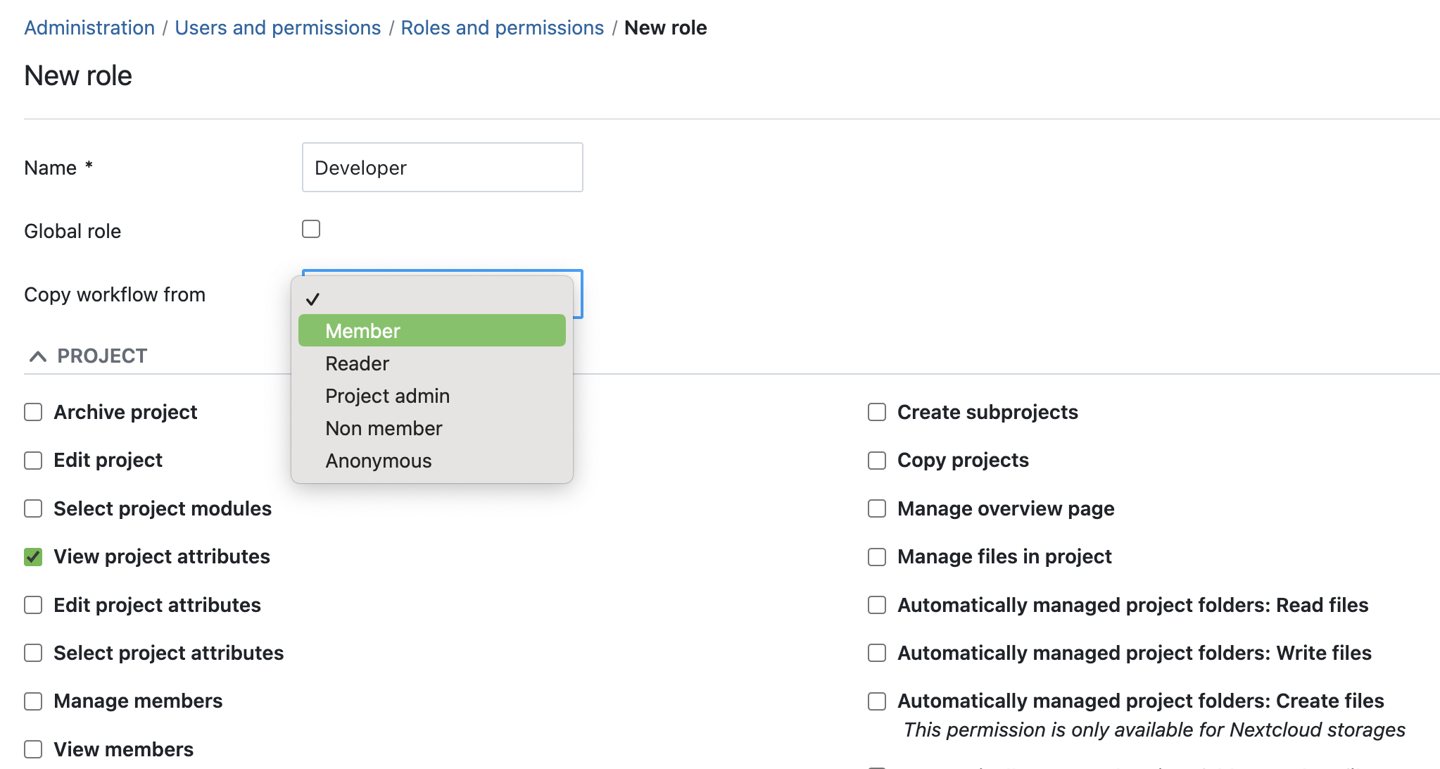 Captura de pantalla que muestra cómo crear un nuevo rol con permisos de grano fino en OpenProject