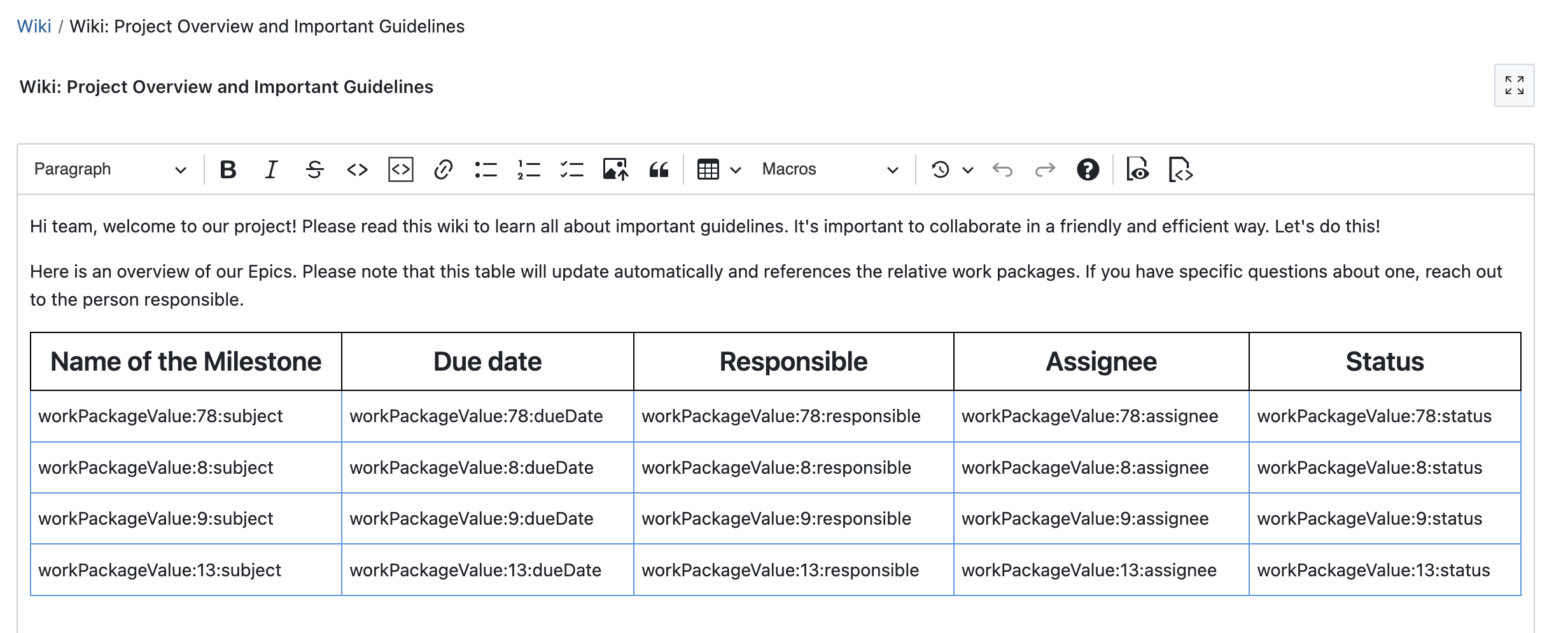 Screenshot of a wiki page in OpenProject with a table that has macros in each cell