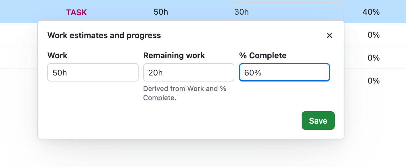 Screenshot of progress reporting: % Complete is manually editable again with OpenProject 14.6