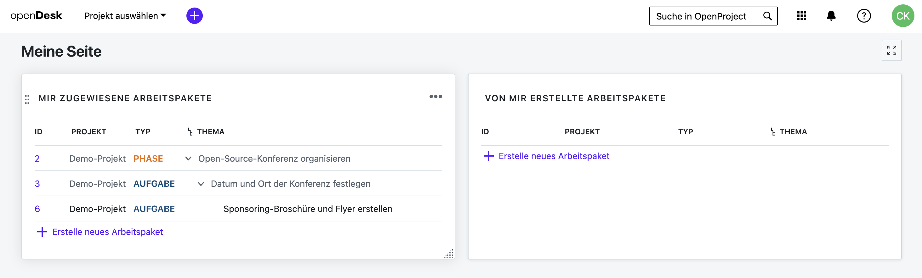 Example screenshot: Project management in openDesk 1.0