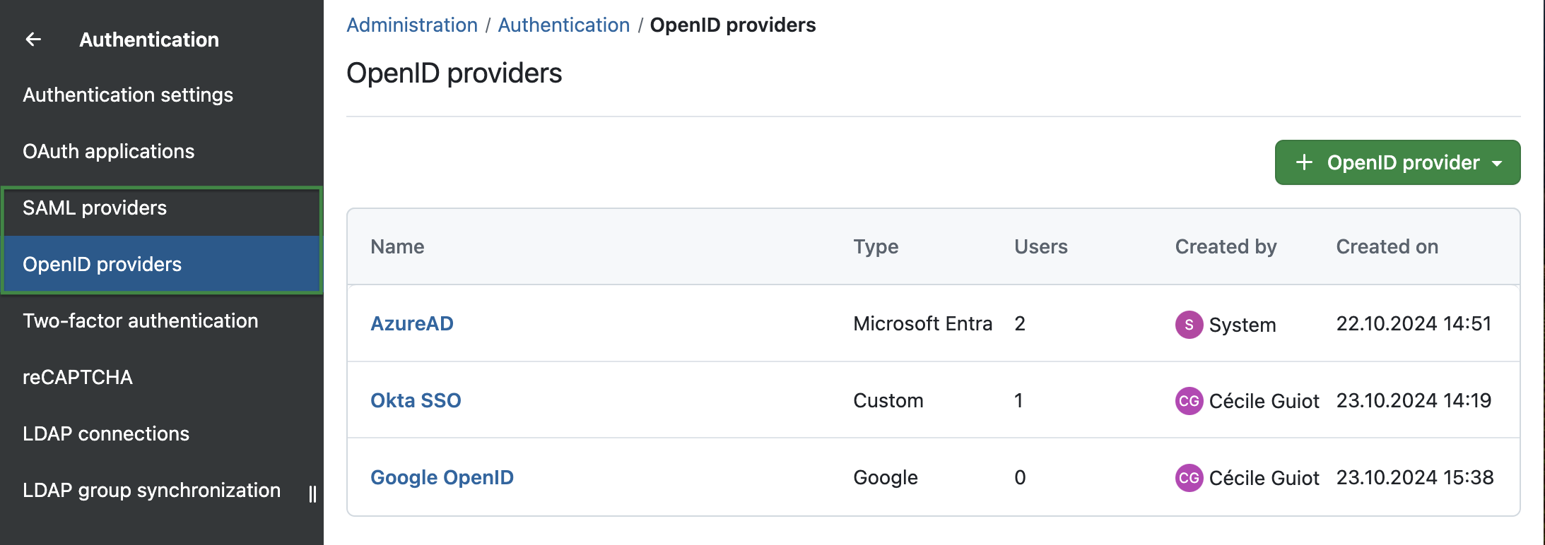 Example screenshot of the new administration interface highlighting entries for SAML providers and OpenID providers