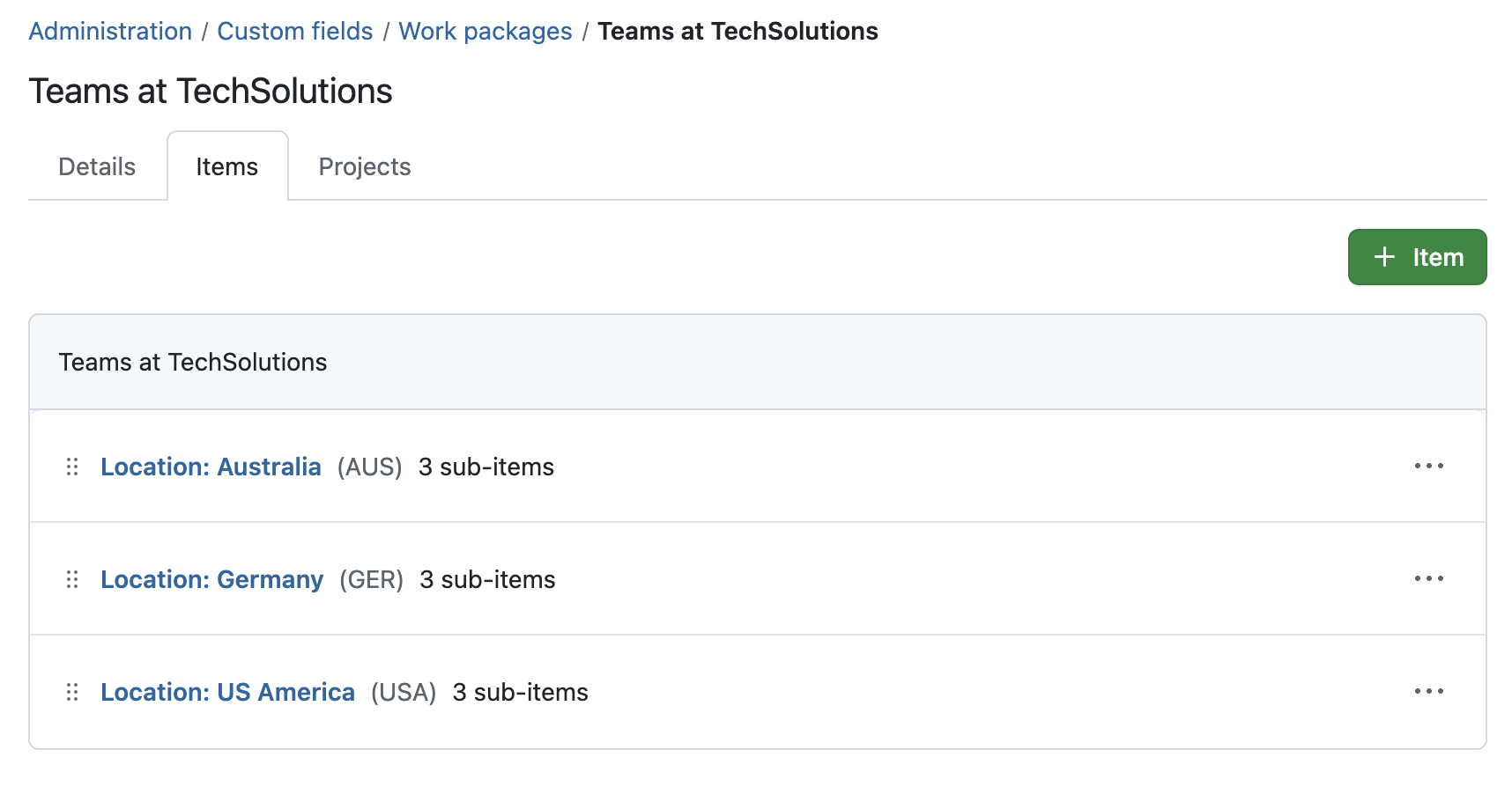 Custom field type hierarchy example screenshot showing three locations with each three sub-items