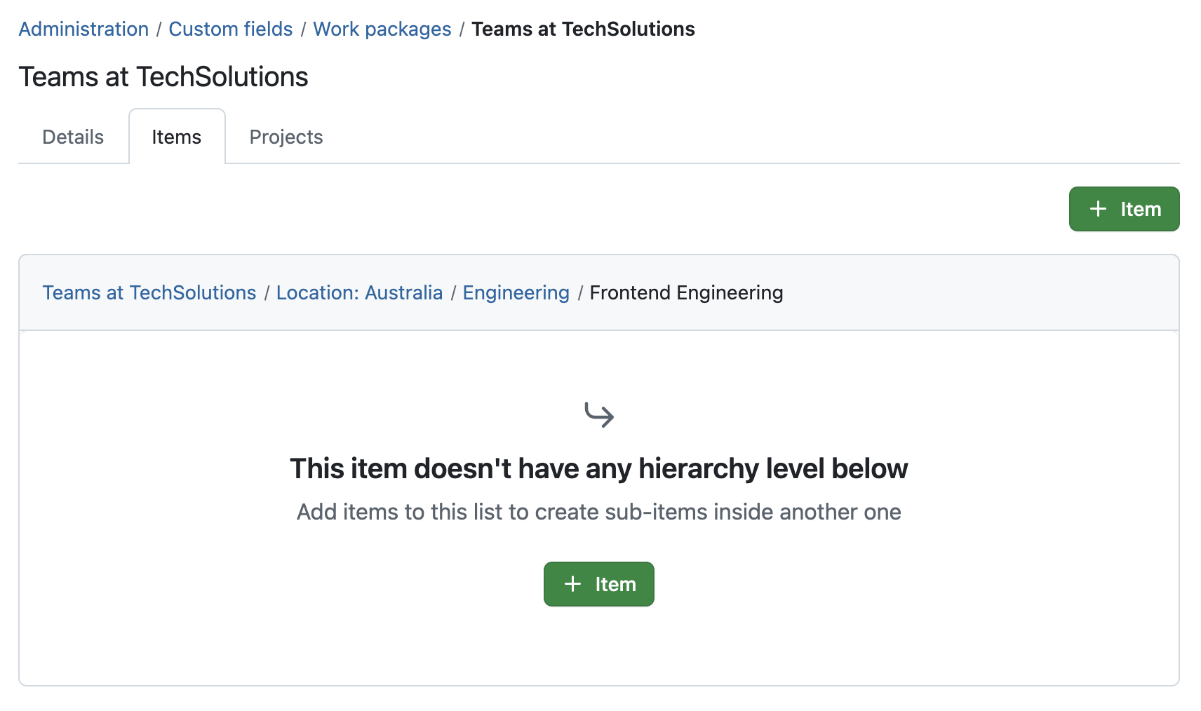 Custom field type hierarchy example screenshot showing four levels to describe a team of Frontend Engineering