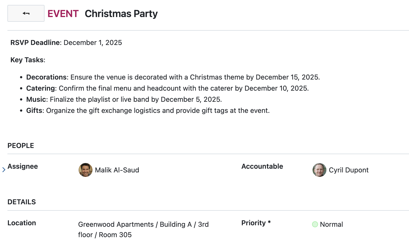 Example screenshot of a work package for a christmas party