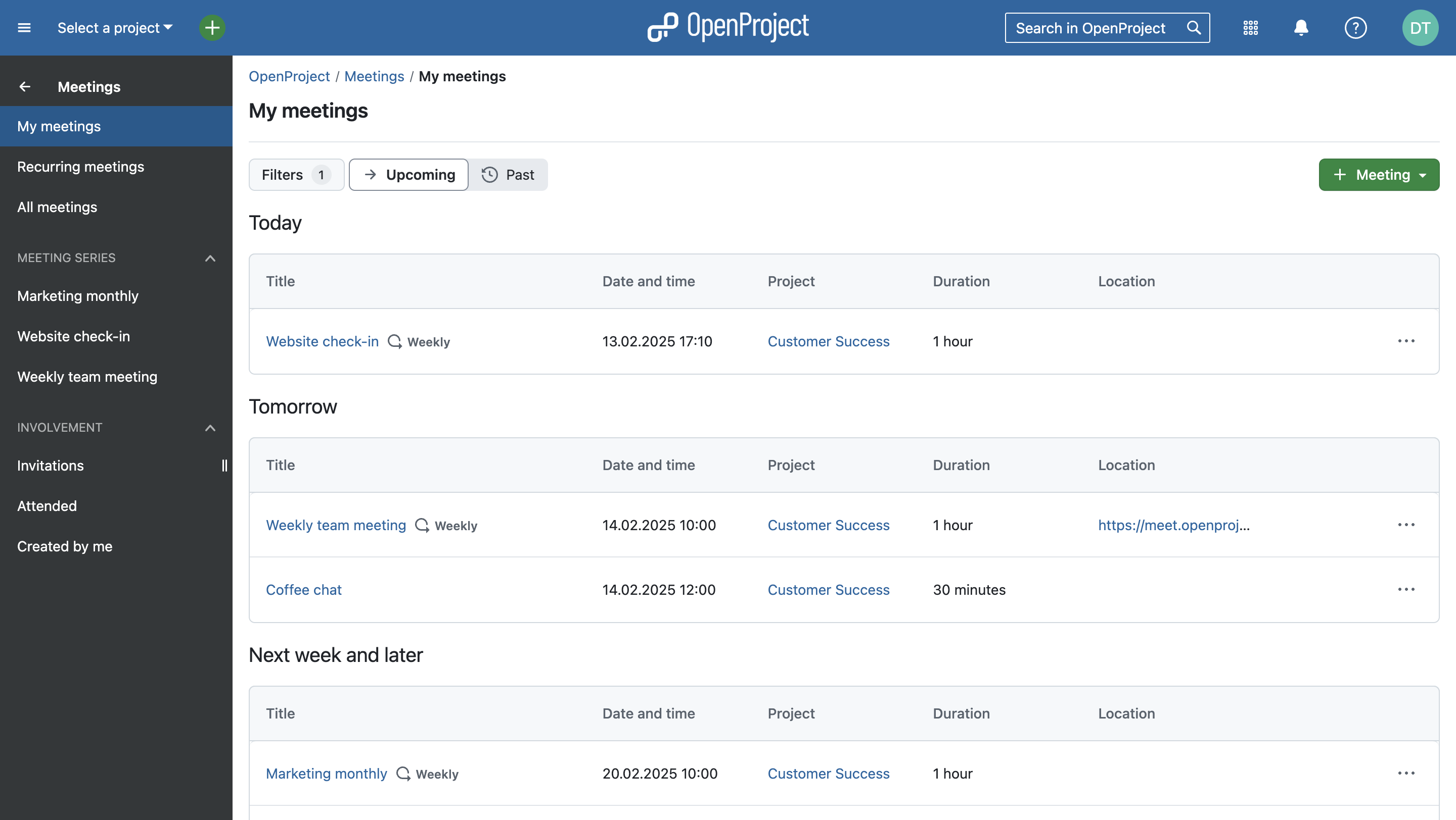 The OpenProject Meetings module, filtered for ‘My meetings’, showing upcoming meetings structured into today, tomorrow, later this week and next week or later