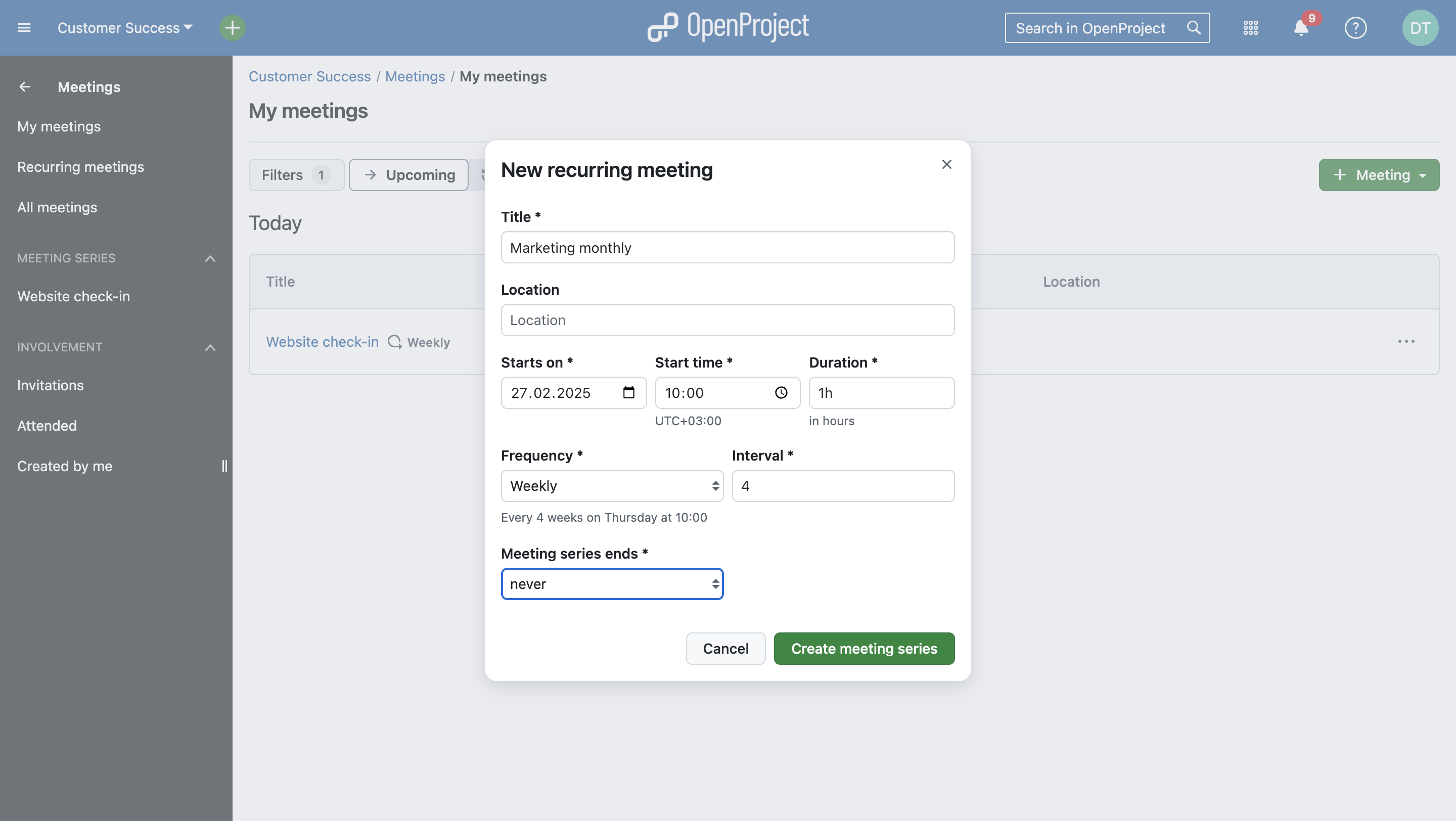 Your options when creating a new recurring meeting – Project, title, Location, Dates, Duration, Frequency, Interval and end of the series