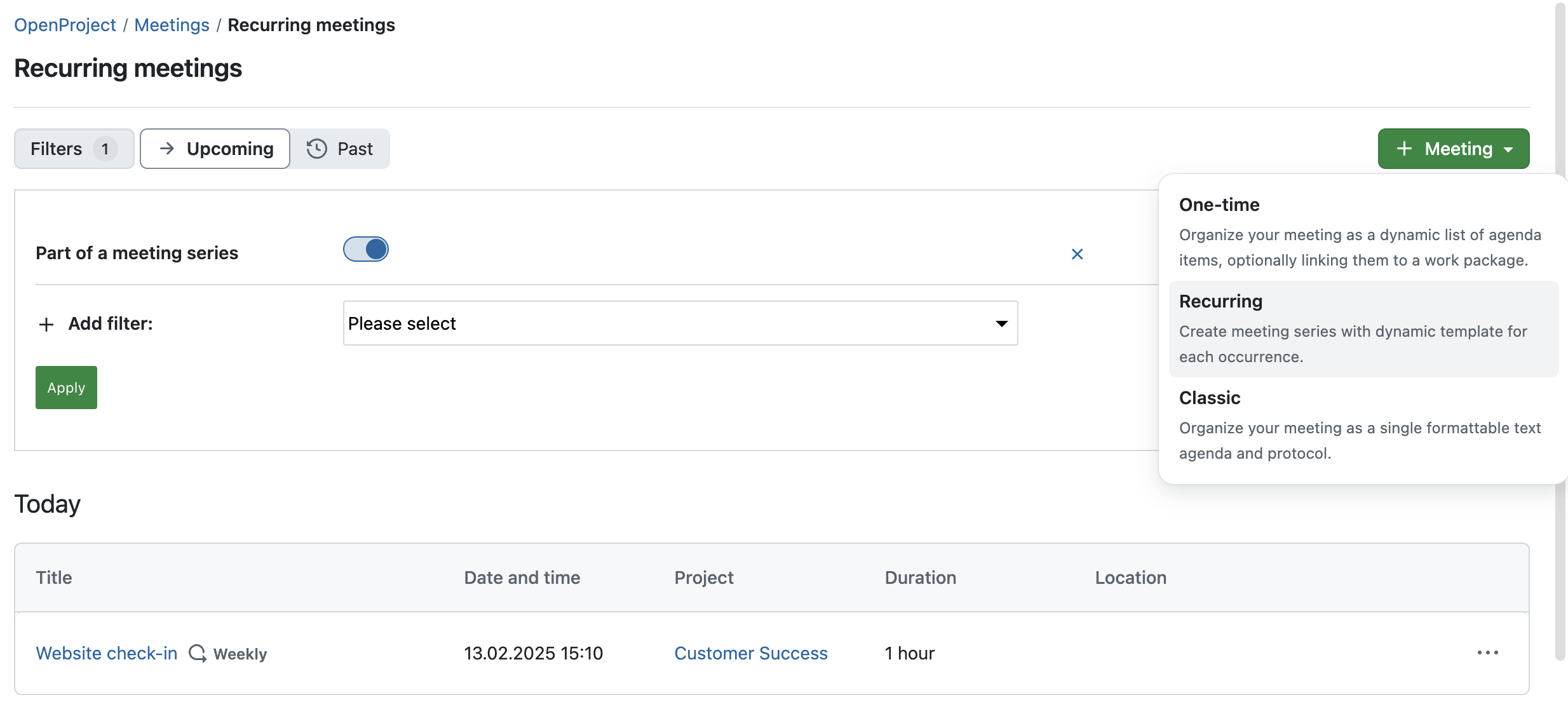 The OpenProject Meetings module, dropdown menu for creating a new meeting: One-time, Recurring, Classic