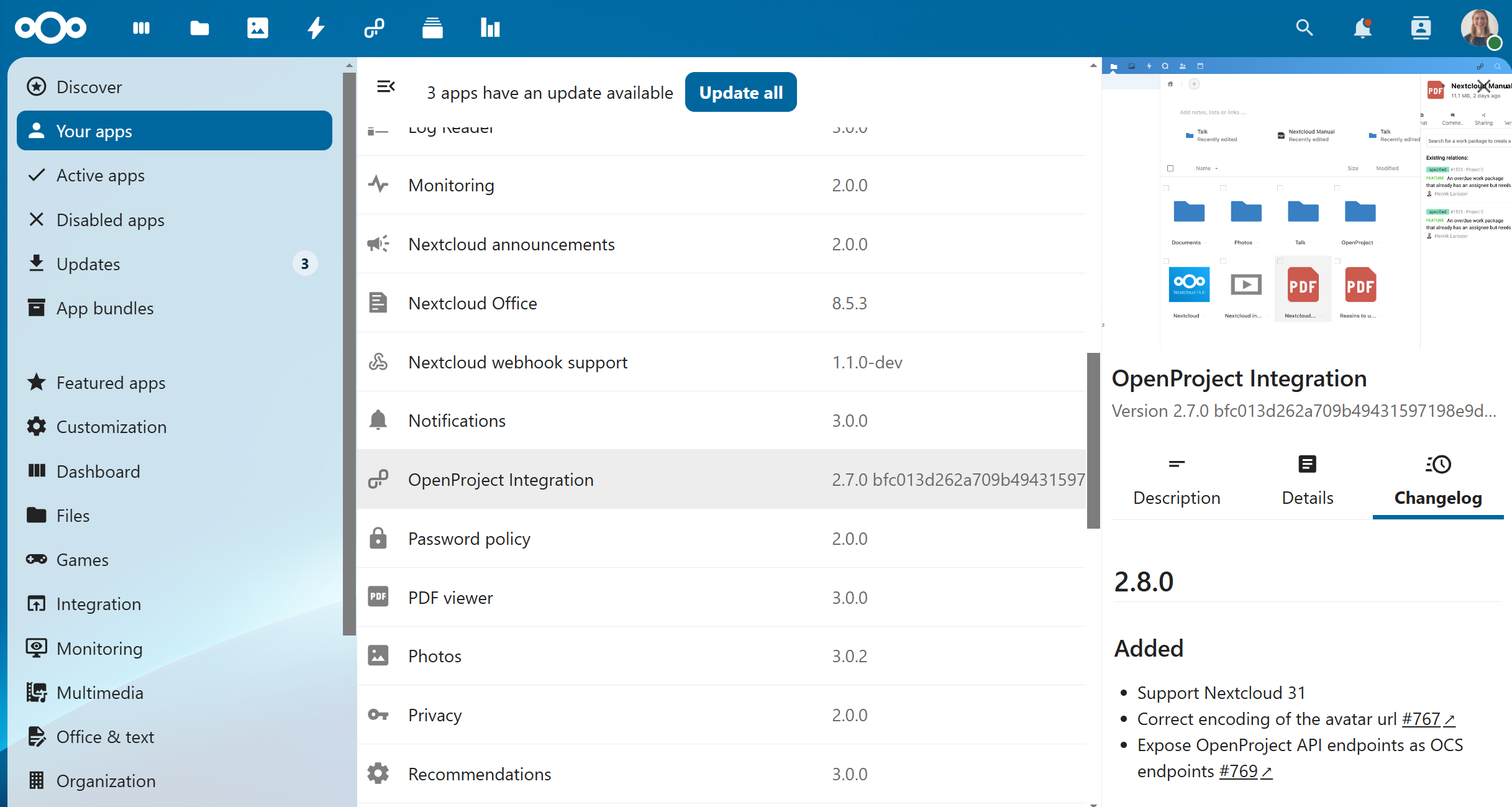 OpenProject integration app for Nextcloud released in version 2.8.0