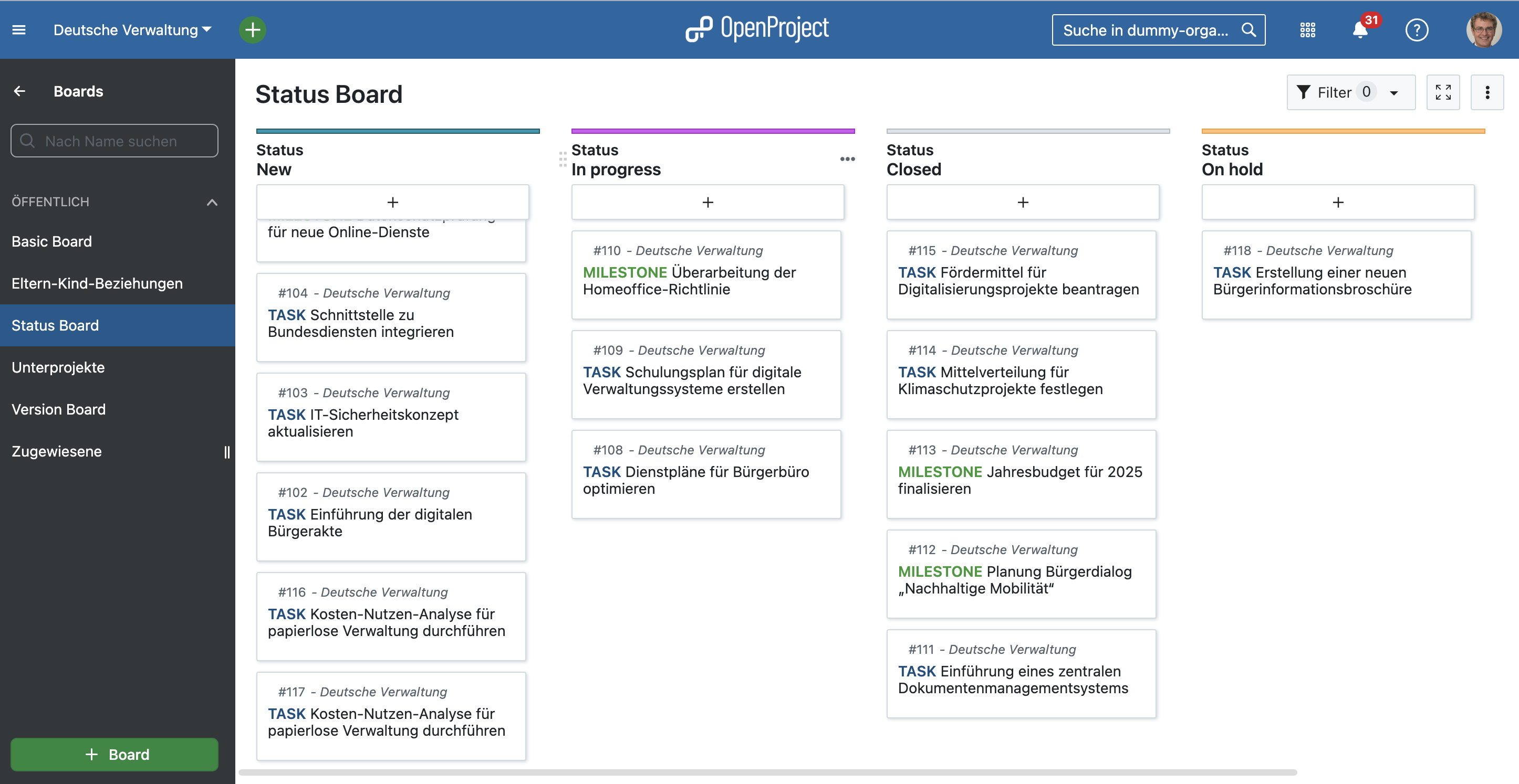 OpenProject screenshot showing a status board with work packages from a public administration