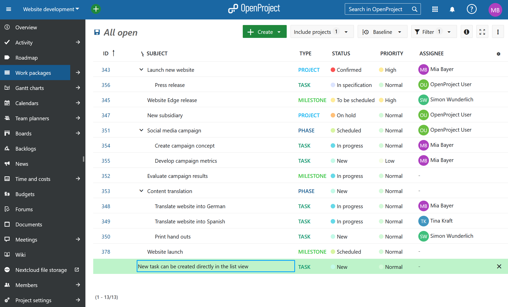 OpenProject issues list view