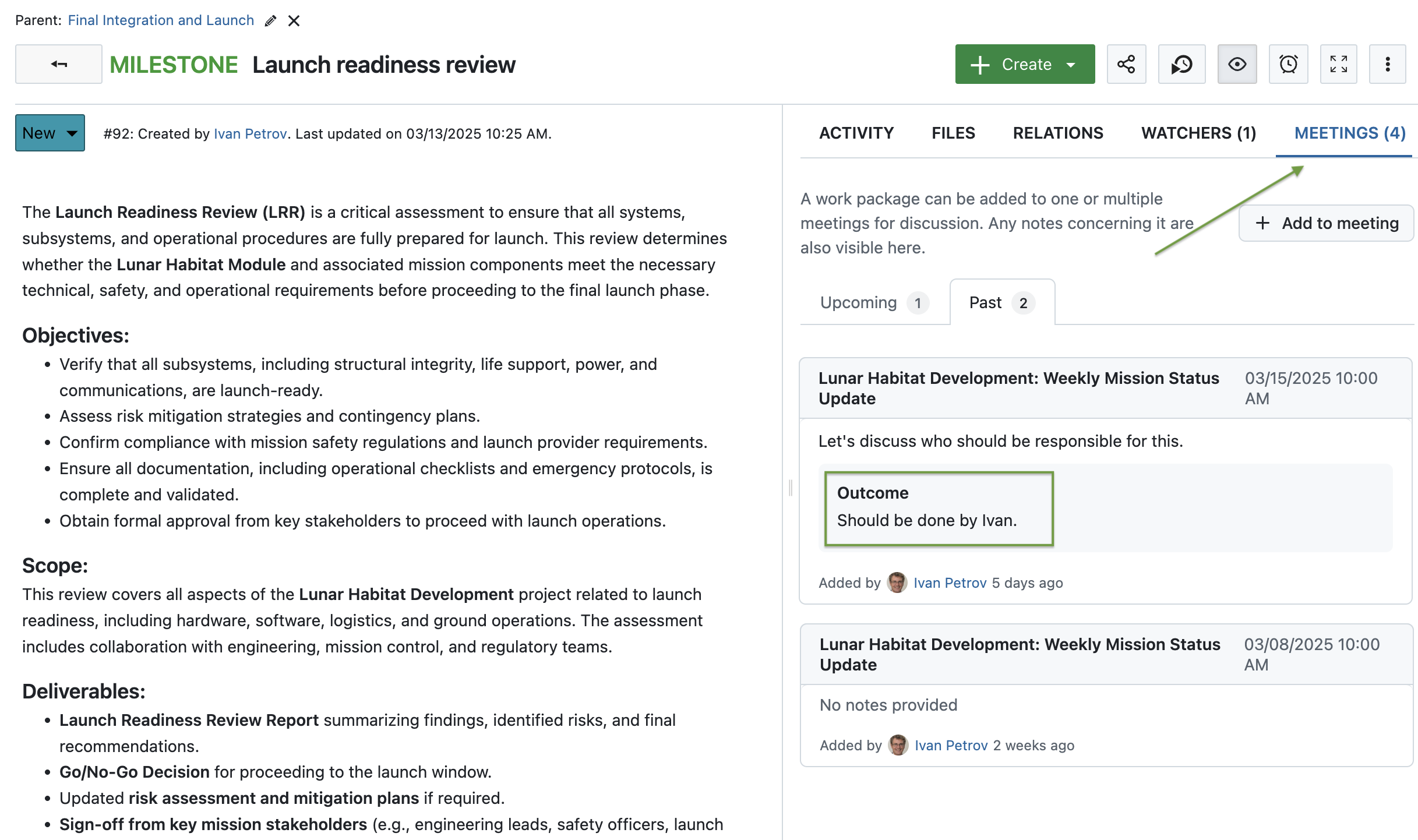 Screenshot showing the Meetings tab of the work package that was linked in the example meeting, with two past meetings, one with a documented outcome displayed.