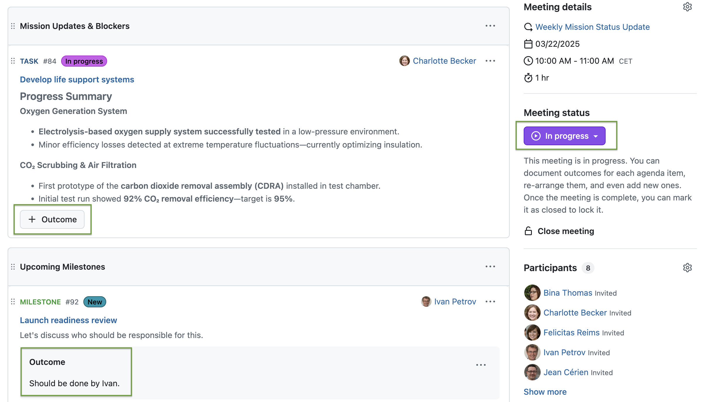 Screenshot showing a meeting in OpenProject, the status is “in progress”, the first agenda item shows a + Outcome button and the second one an already documented outcome: “Should be done by Ivan.”