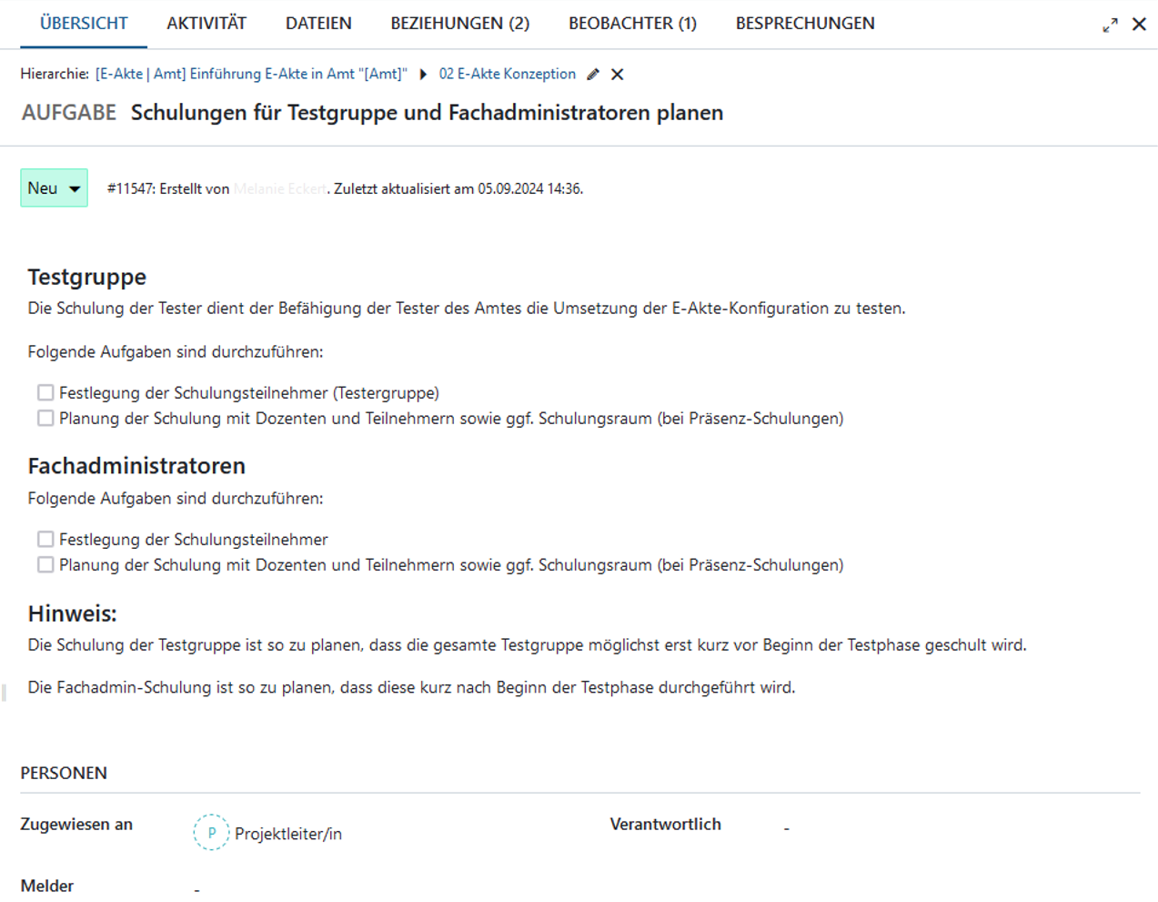Example task in OpenProject by City of Chemnitz