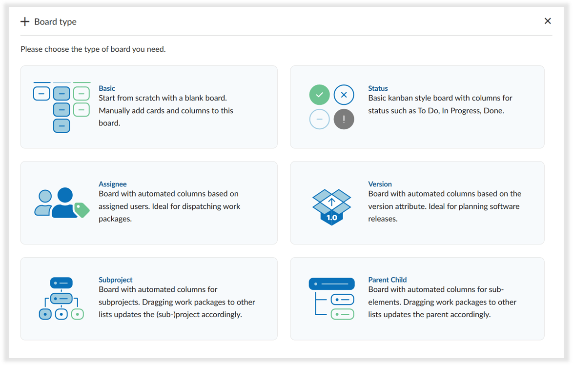 Screenshot des Board-Erstellungsmodells in OpenProject mit Board-Typ-Optionen