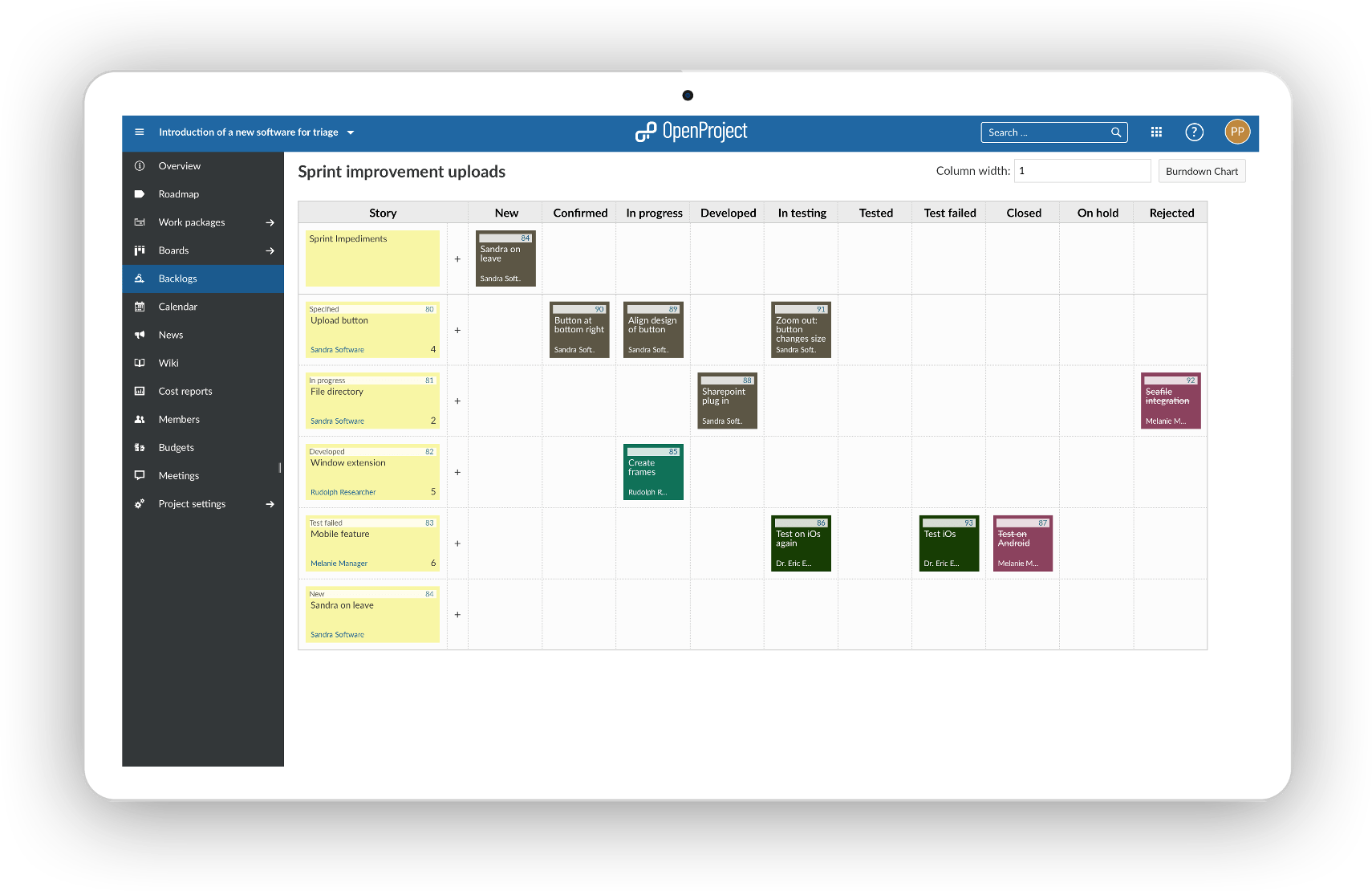 Scrum task board in OpenProject