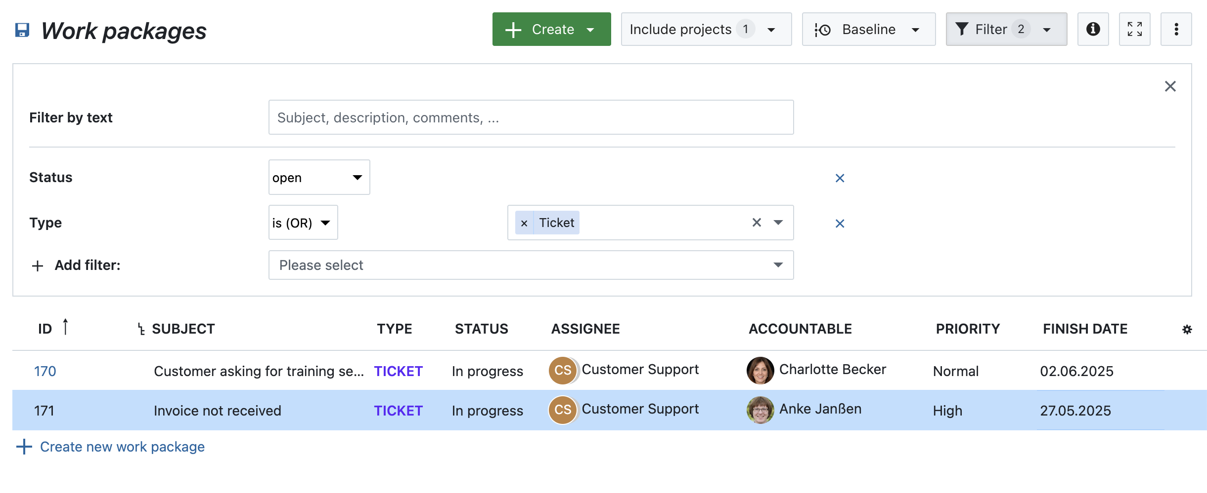 filters for the work package table