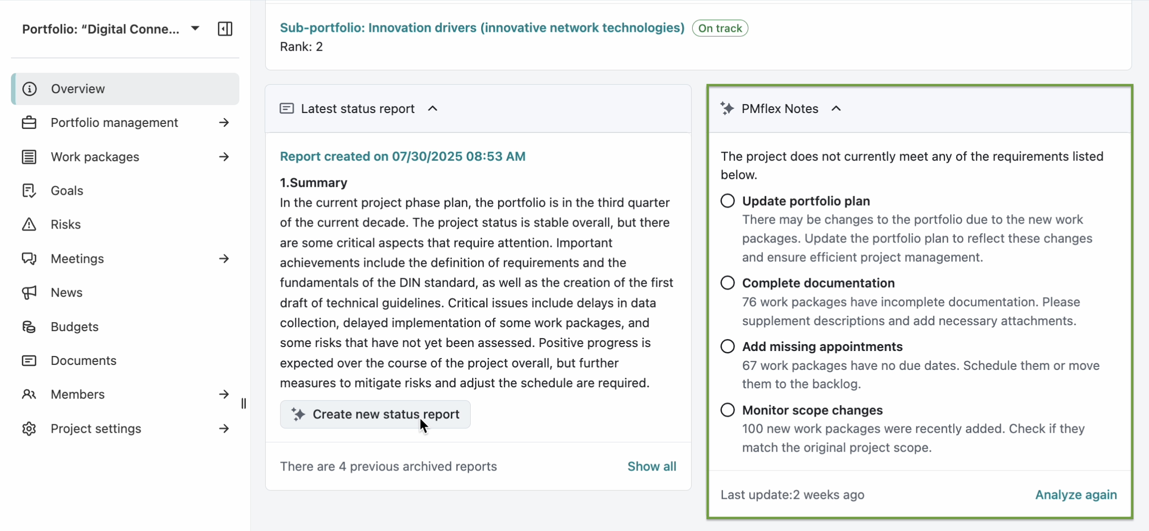 Screenshot of an OpenProject demo instance, showing an overview page with highlighted AI feature to display tips project management