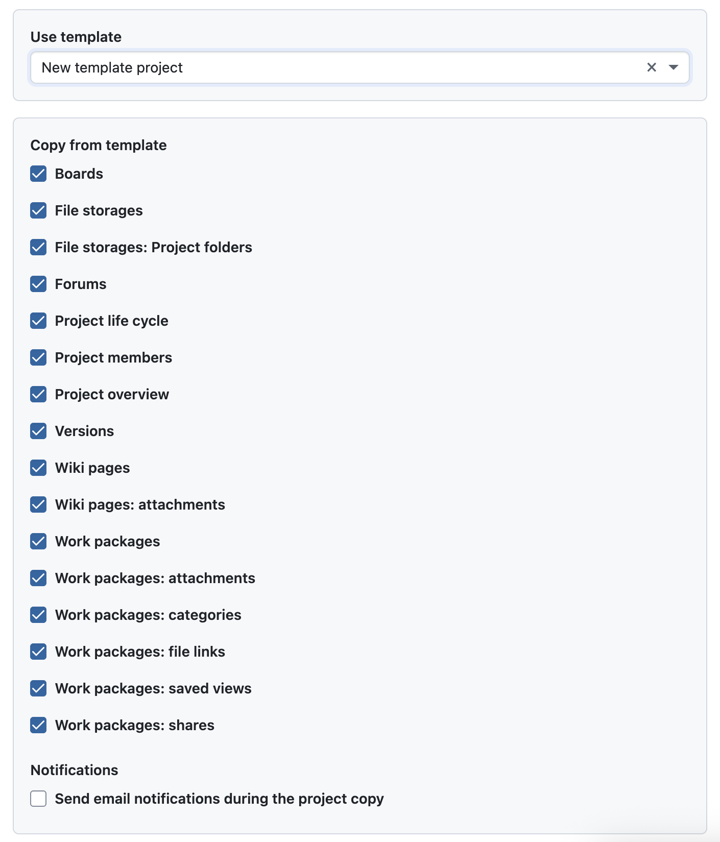 Mostrar opciones para copiar módulos al crear un nuevo proyecto basado en una plantilla