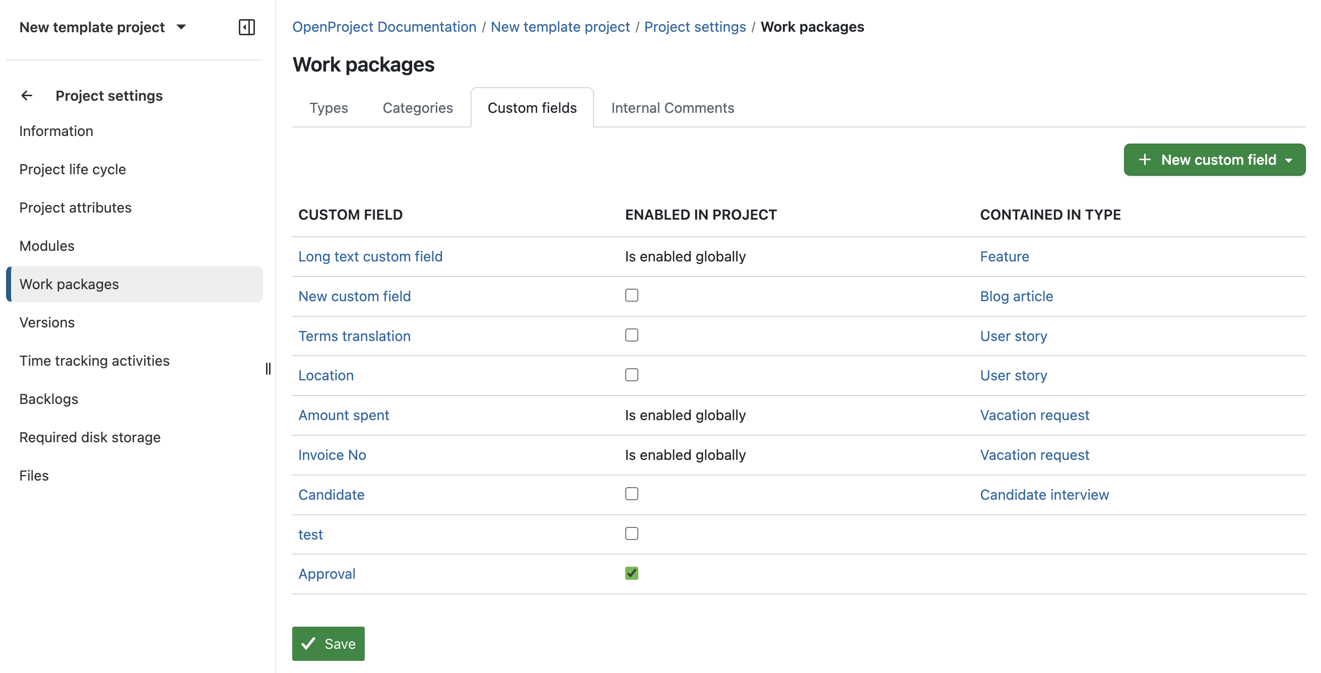 Mostrando los campos personalizados activos para el proyecto