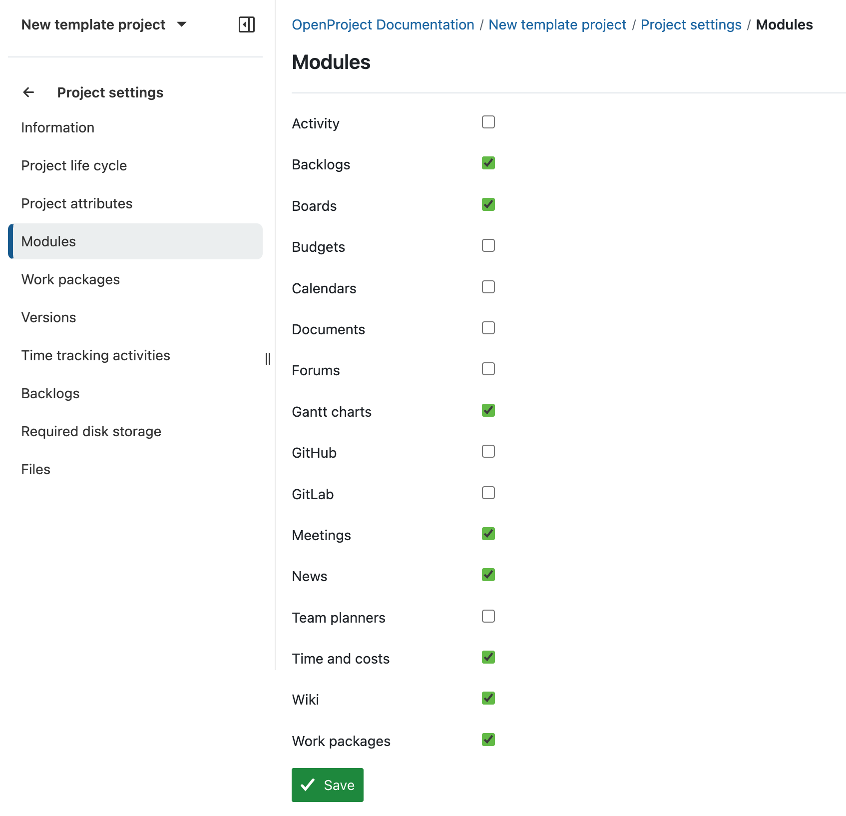 mostrando todos los módulos con casillas de verificación para activar o desactivar.